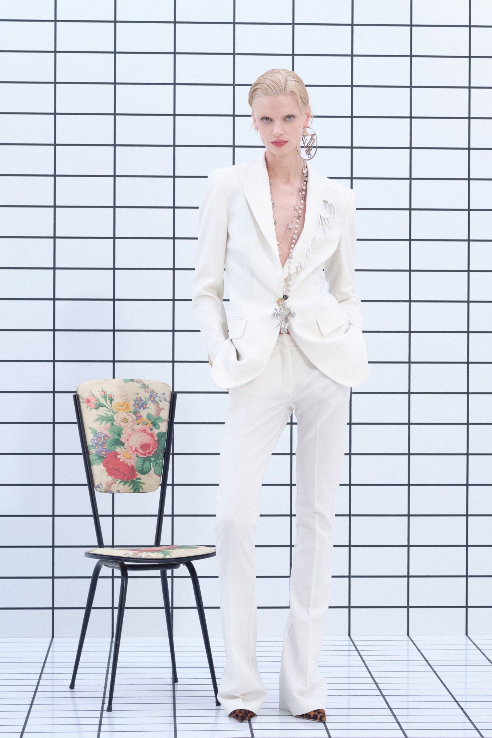 white silk long-sleeve v-neck tailored buttoned suit