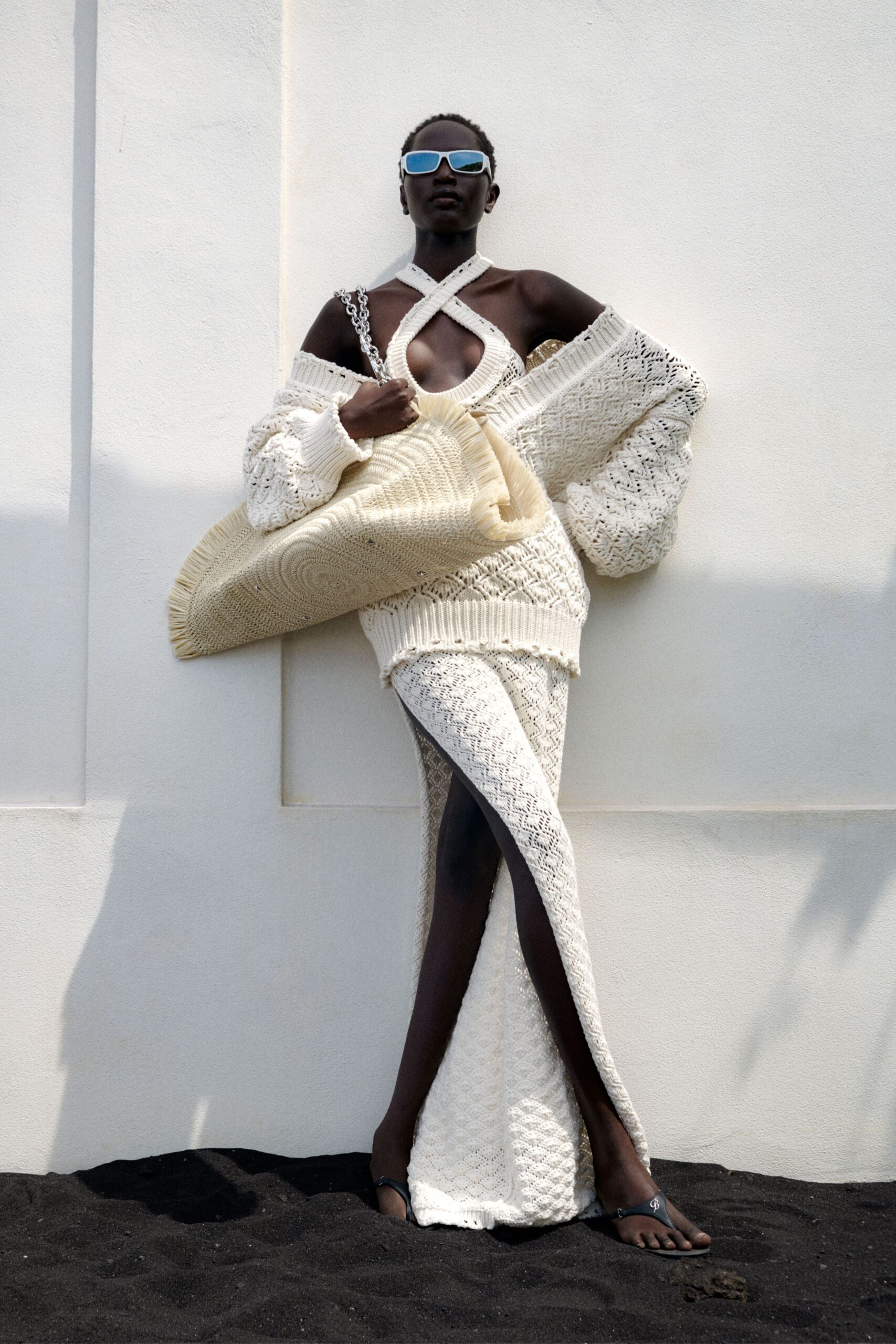 white knit halter sleeveless fitted layered draped dress