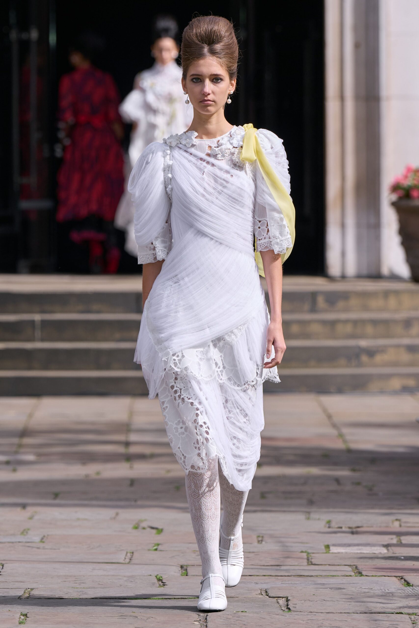 white chiffon long-sleeve v-neck fitted ruffled embroidered dress