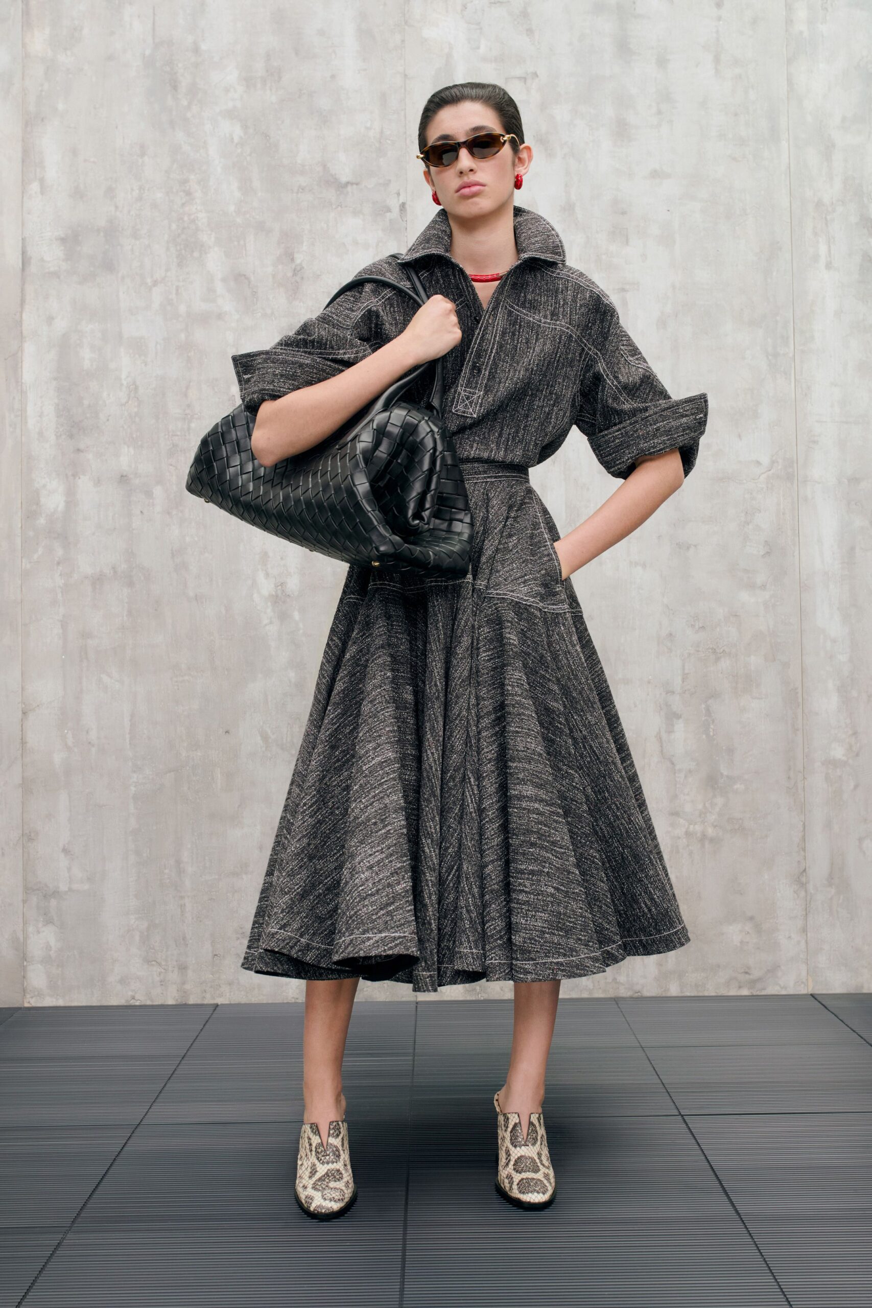 black and white pleated midi dress
