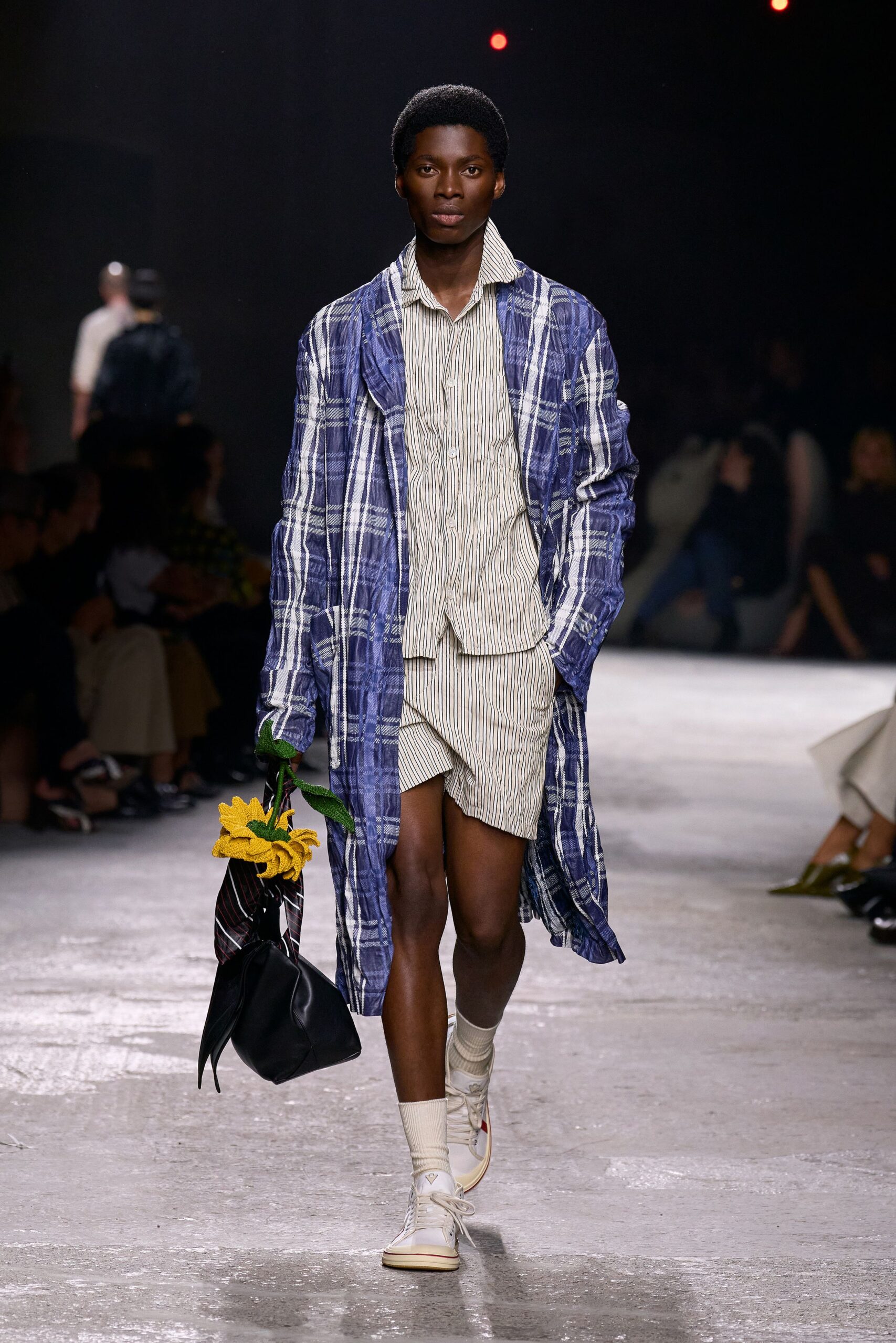 blue checked coat with shorts