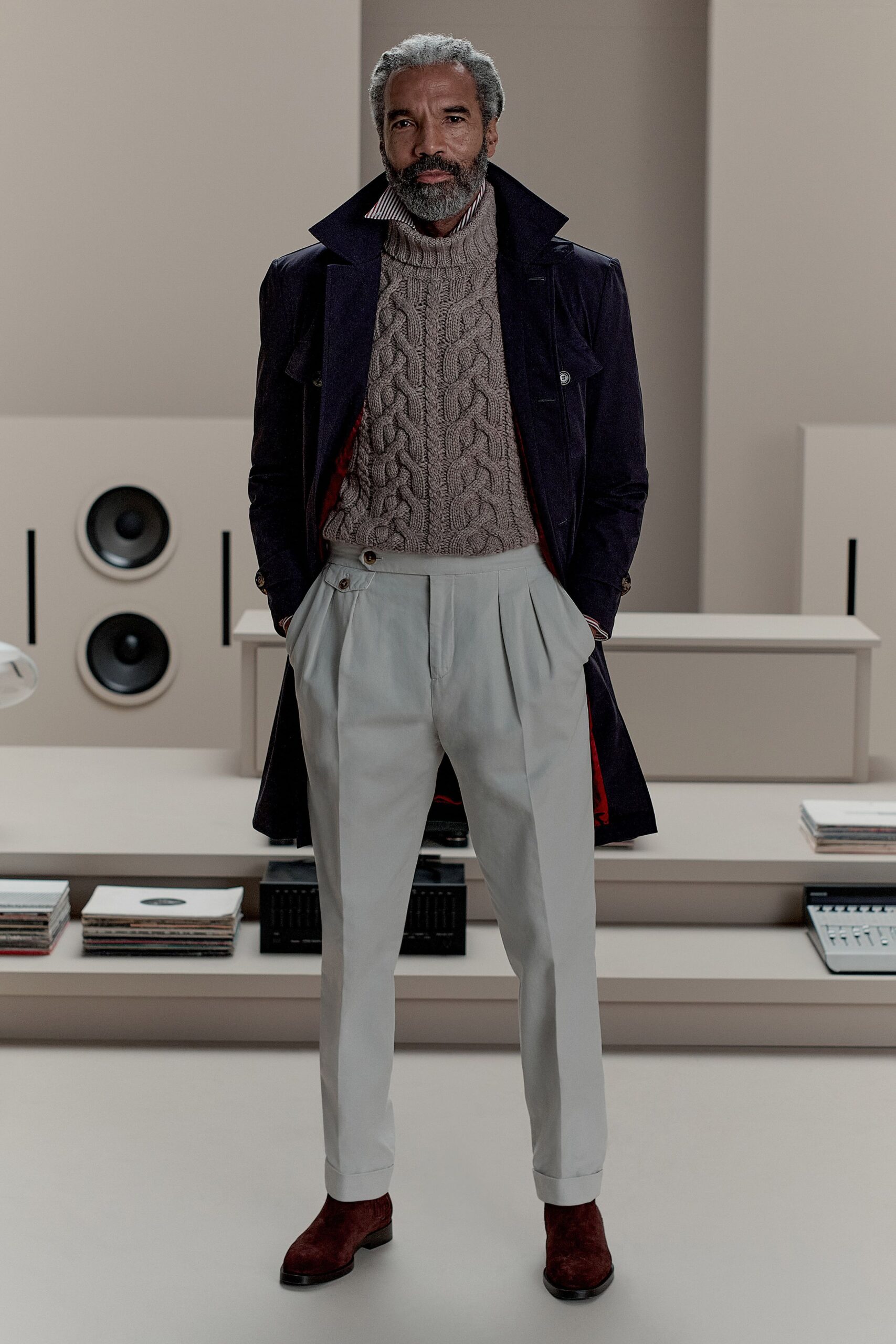 blue cotton long-sleeve collared structured buttoned coat