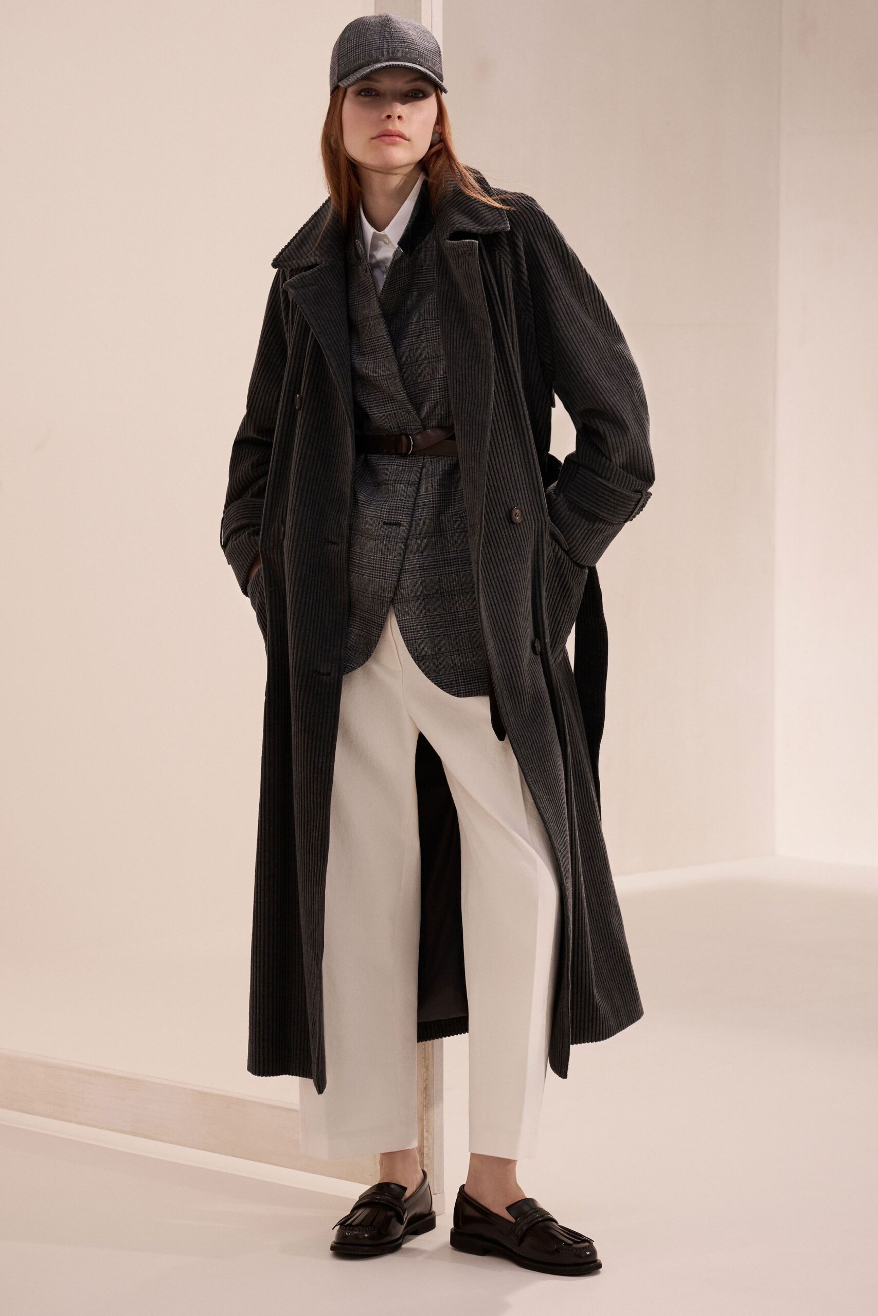 gray cotton long-sleeve collared relaxed buttoned maxi coat