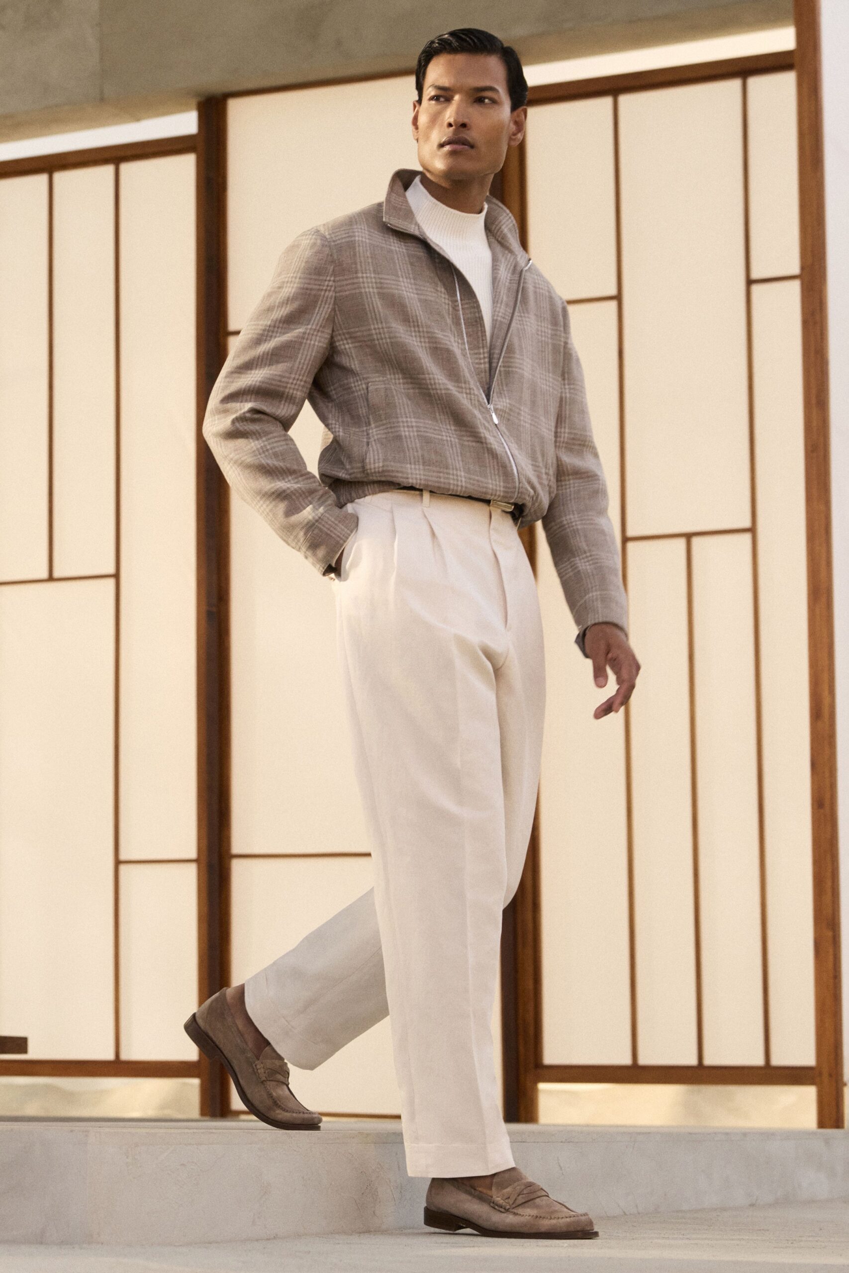 brown wool long-sleeve collared structured zippered checked jacket