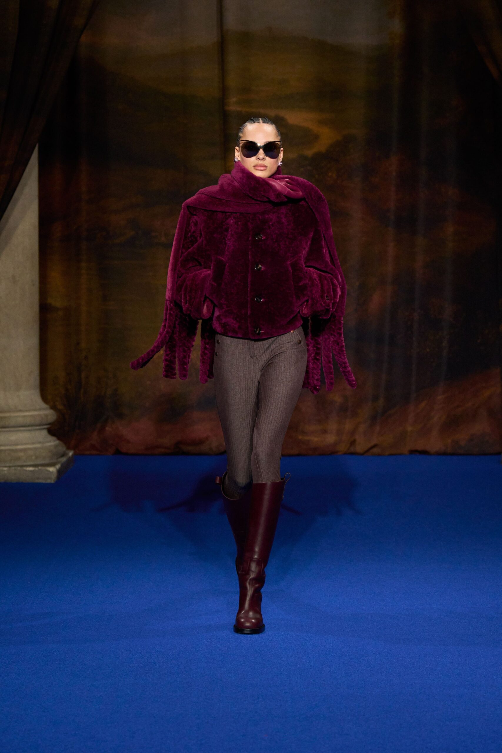 purple velvet coat with sunglasses
