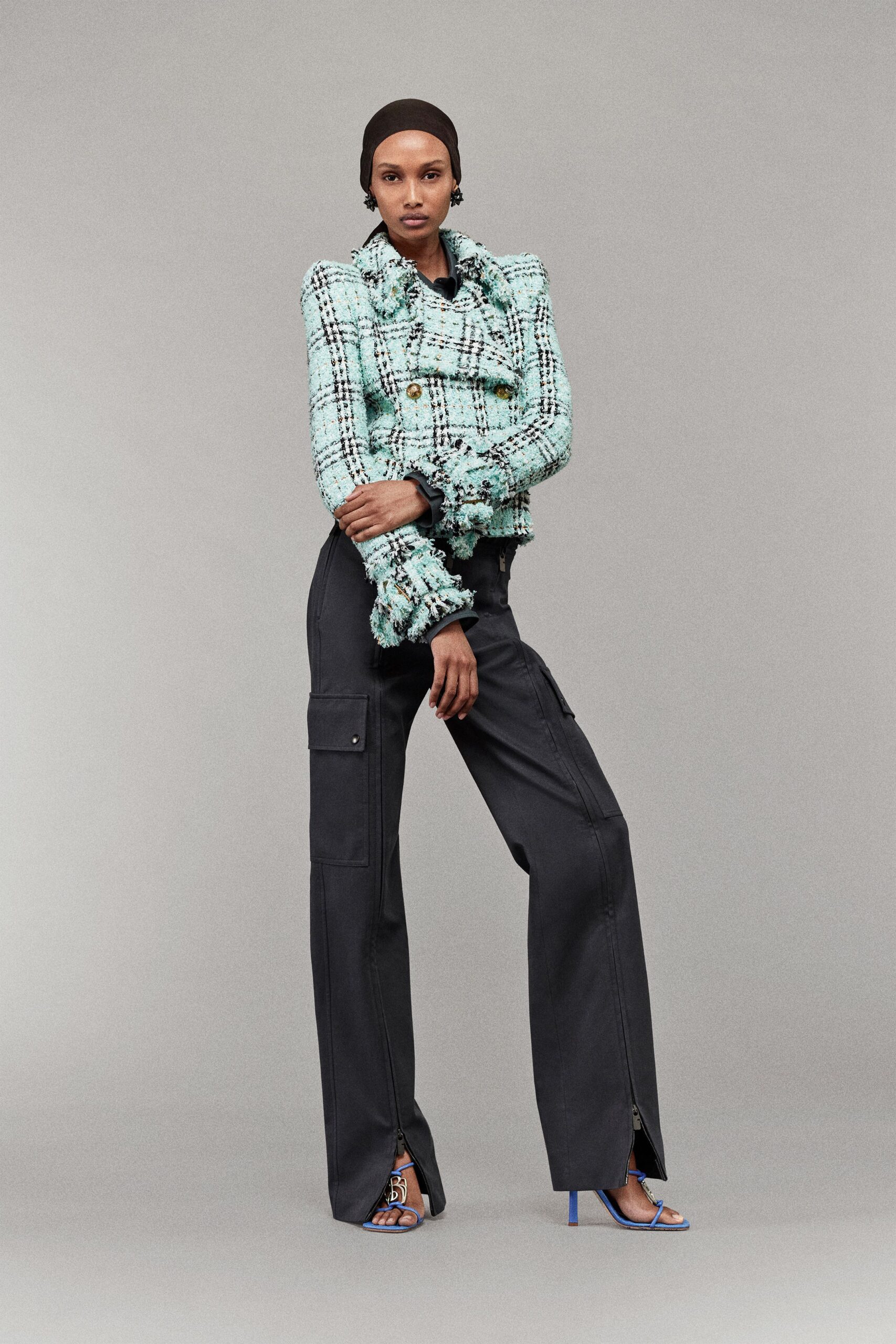 blue cotton long-sleeve collared structured buttoned fringed jacket