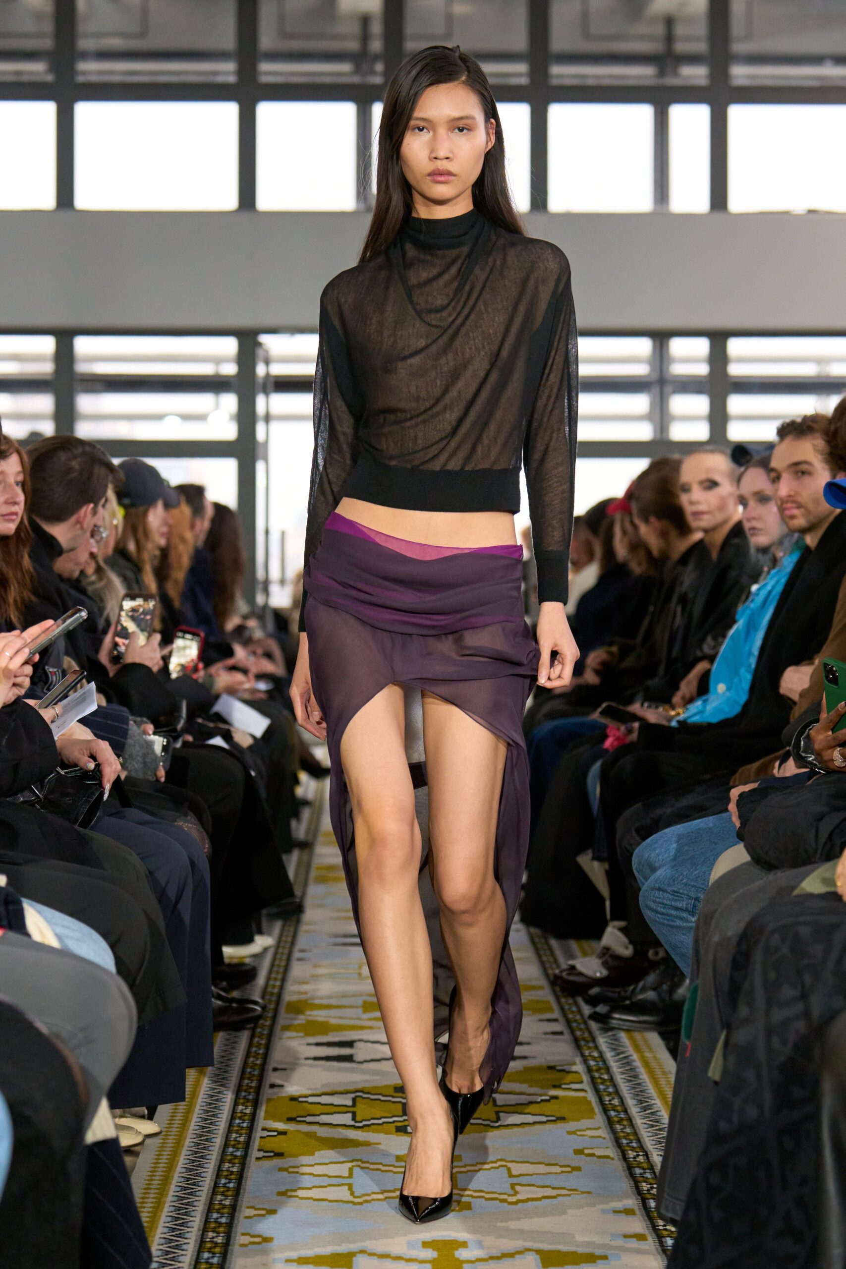 black mesh top with purple skirt