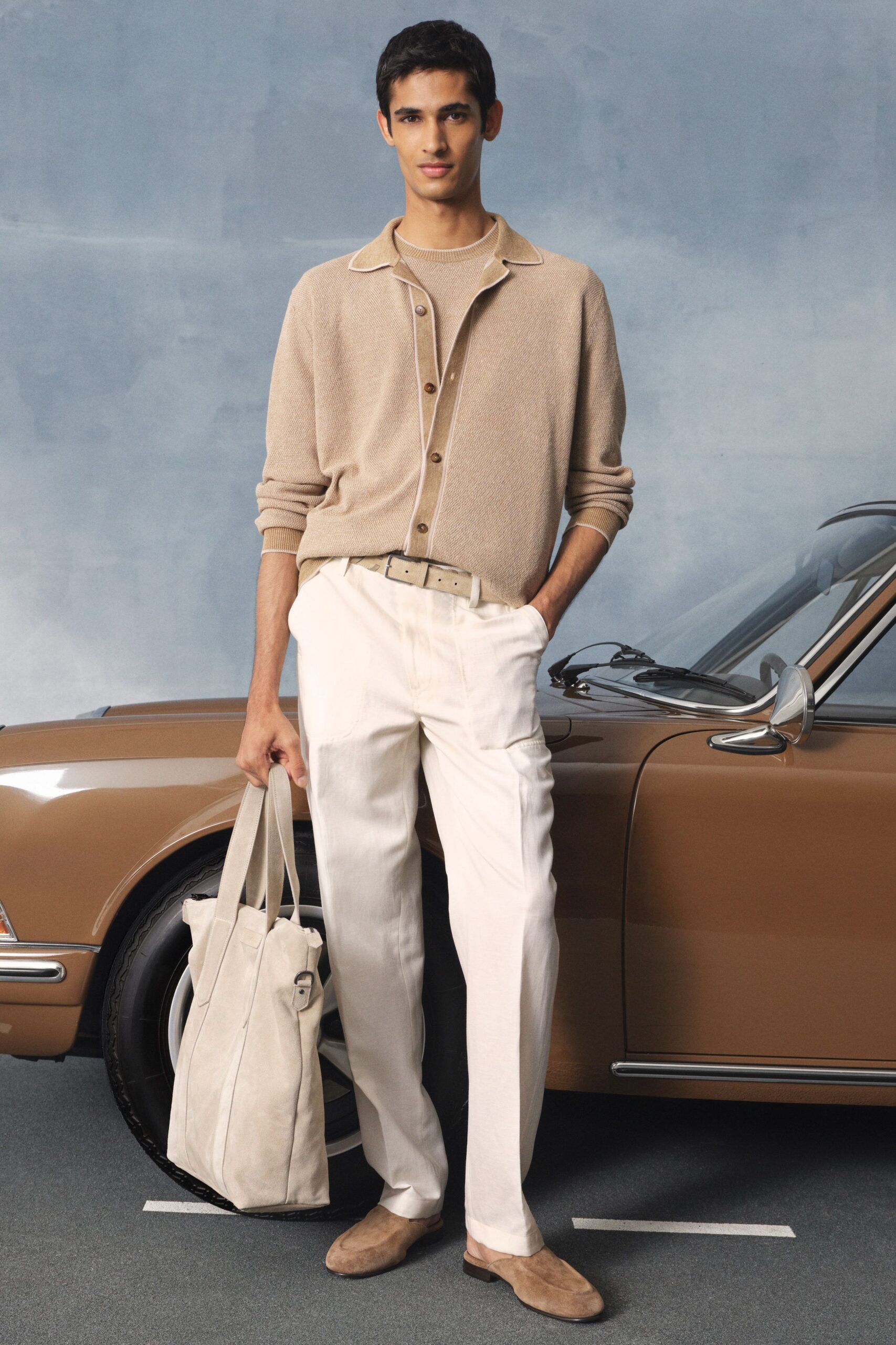beige knit long-sleeve collared relaxed buttoned ribbed cardigan