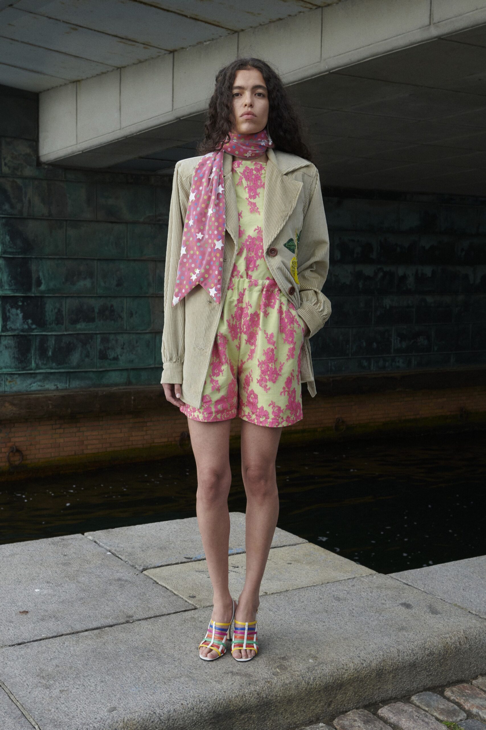 yellow silk sleeveless high-neck relaxed floral printed jumpsuit