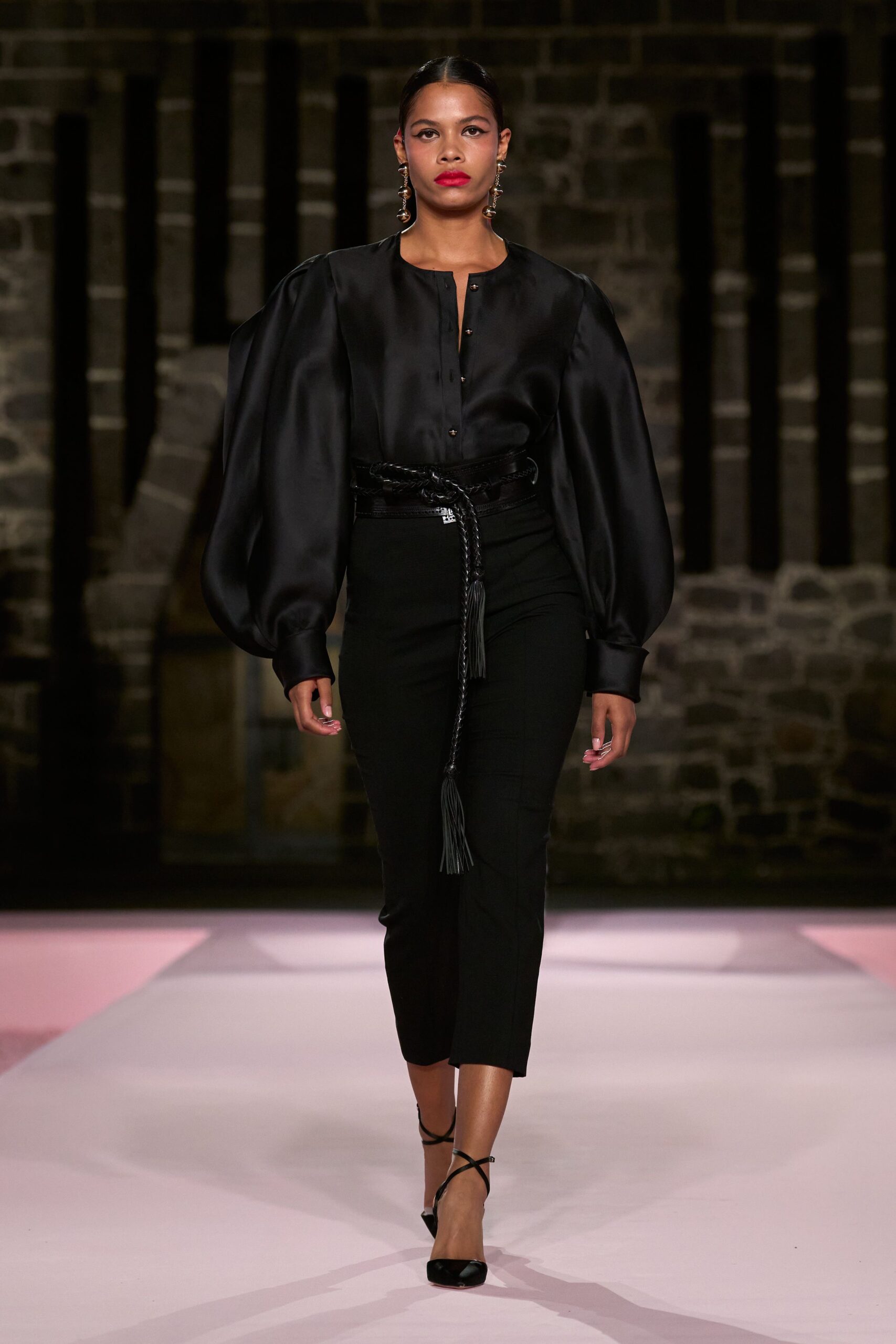 black silk blouse with fitted pants
