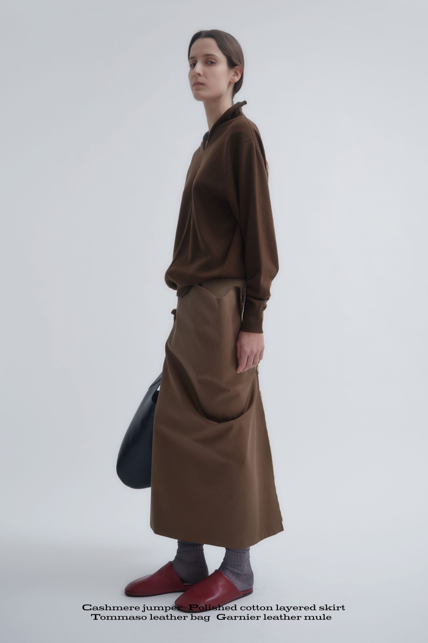 brown cashmere long-sleeve collared relaxed layered sweater