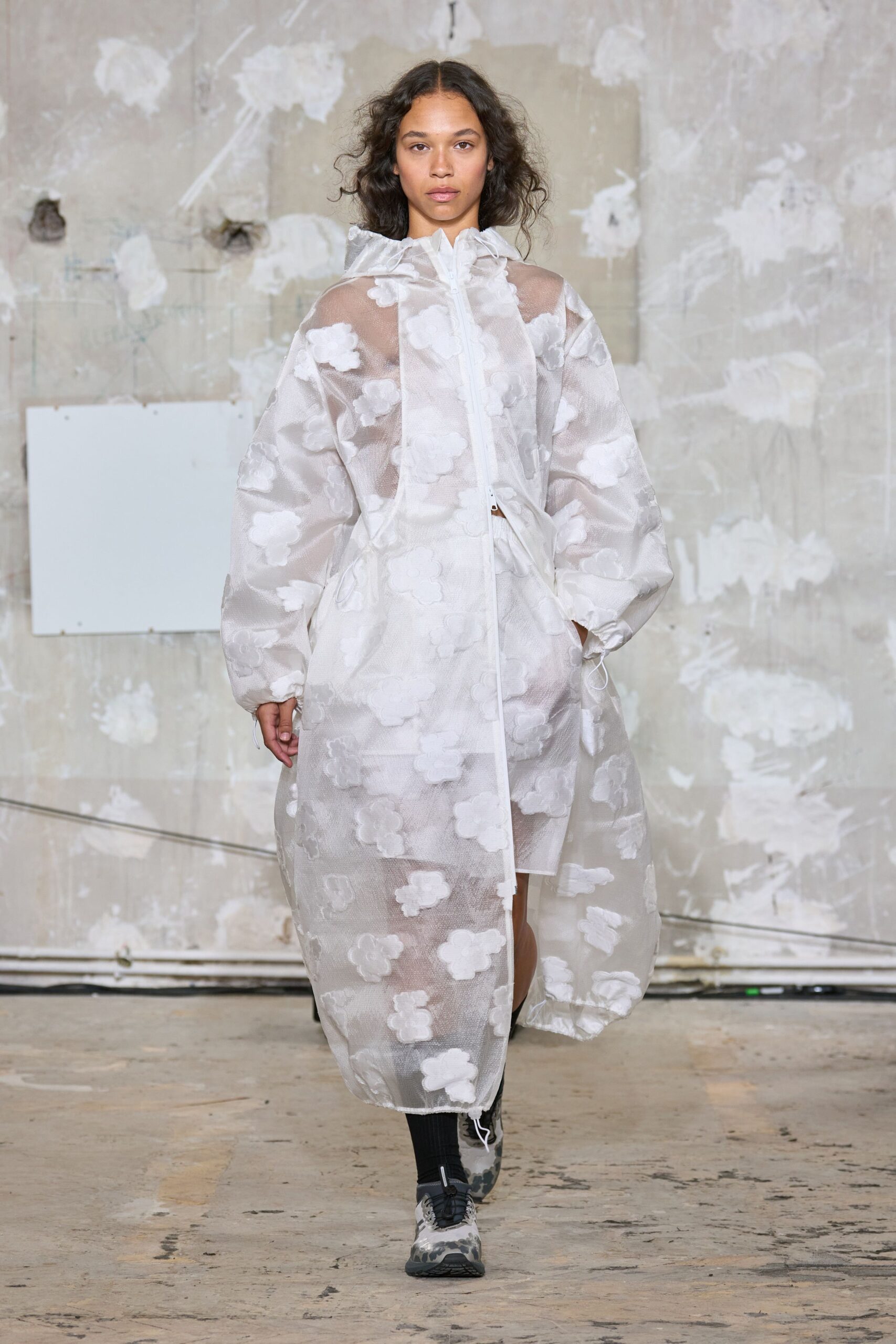 white mesh long-sleeve hooded relaxed layered sheer coat