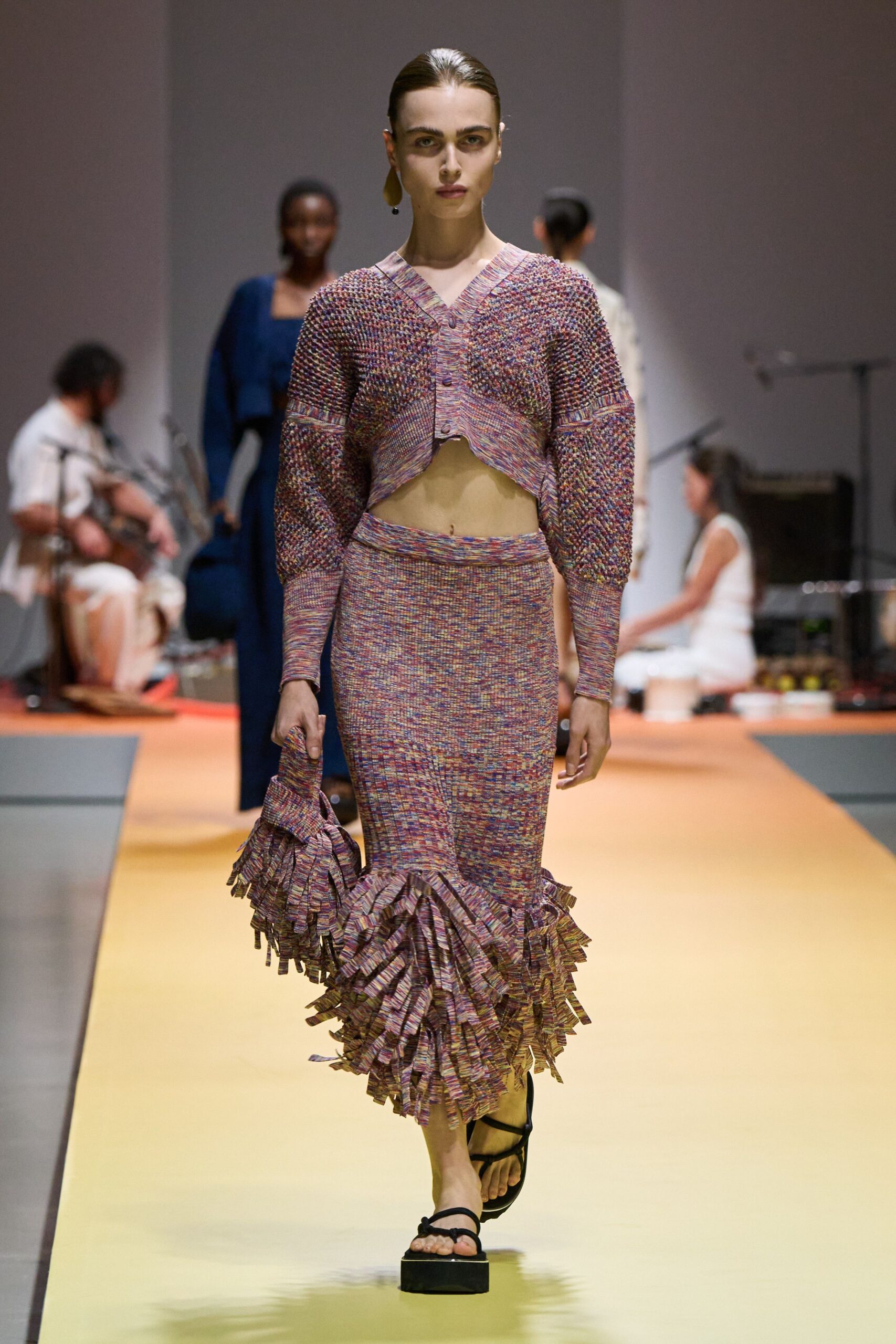 purple knit fitted fringed midi skirt