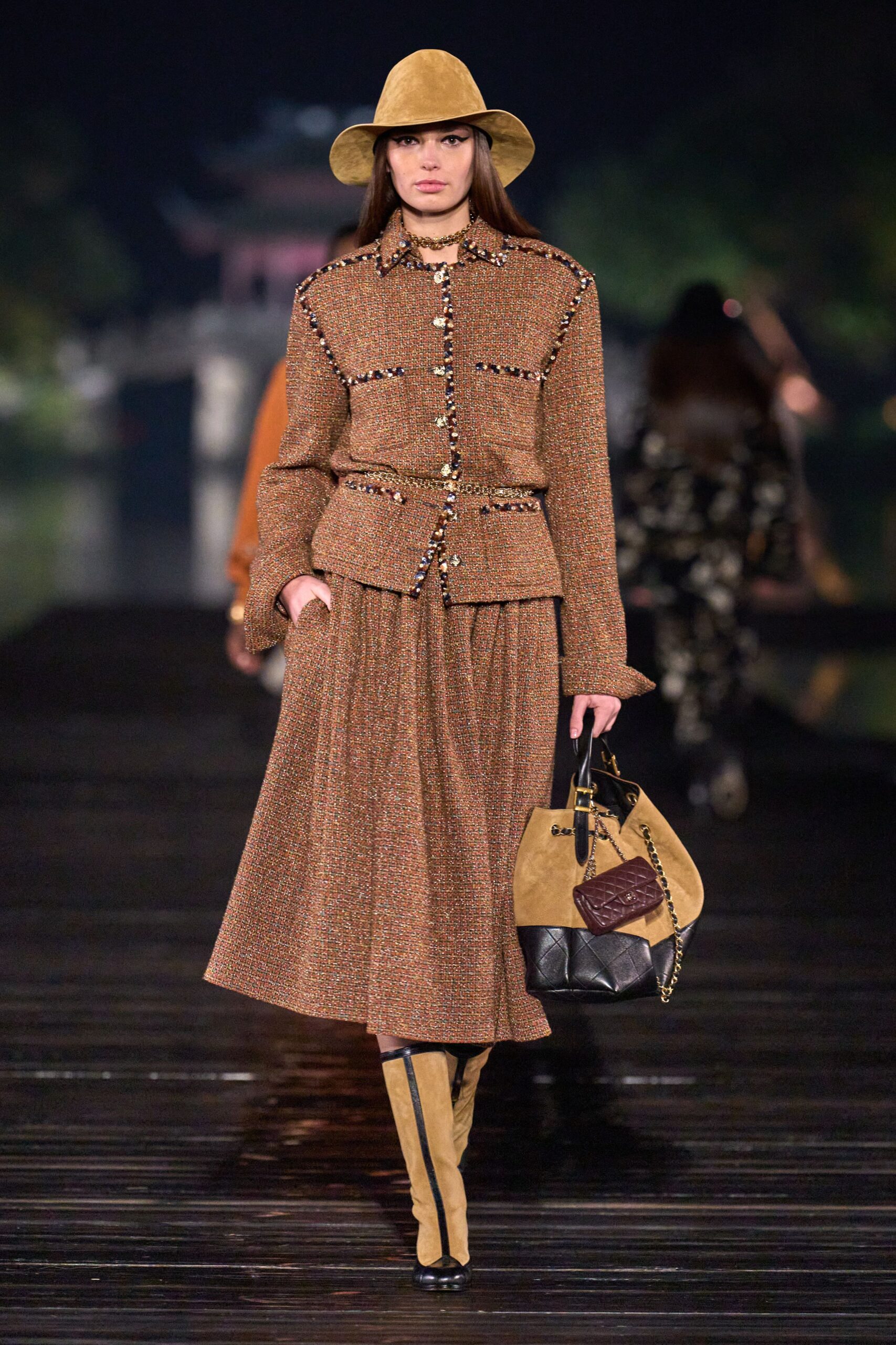 brown tweed blazer and skirt