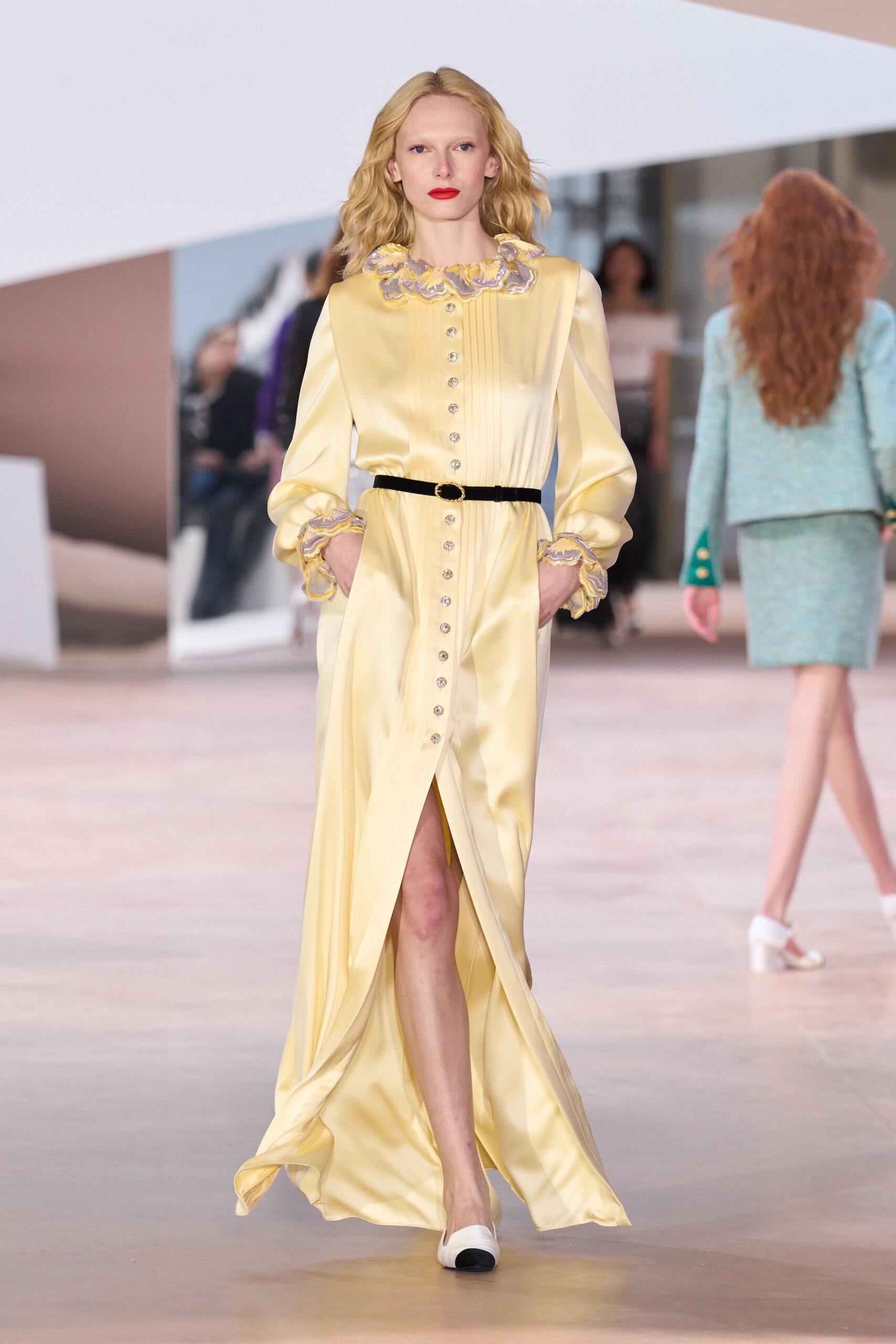yellow silk long-sleeve collared fitted buttoned pleated dress