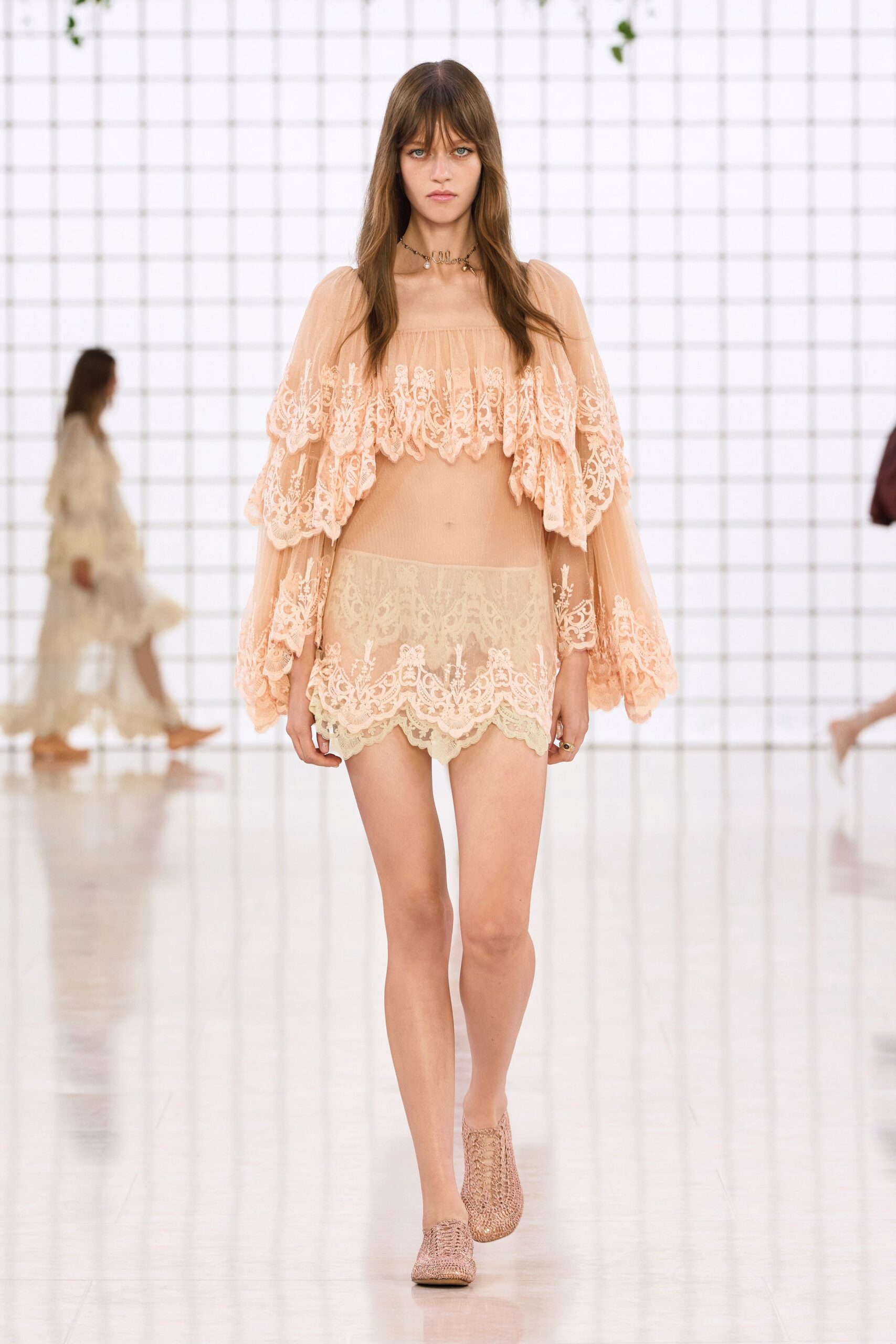 coral chiffon sleeveless off-shoulder fitted ruffled embroidered top