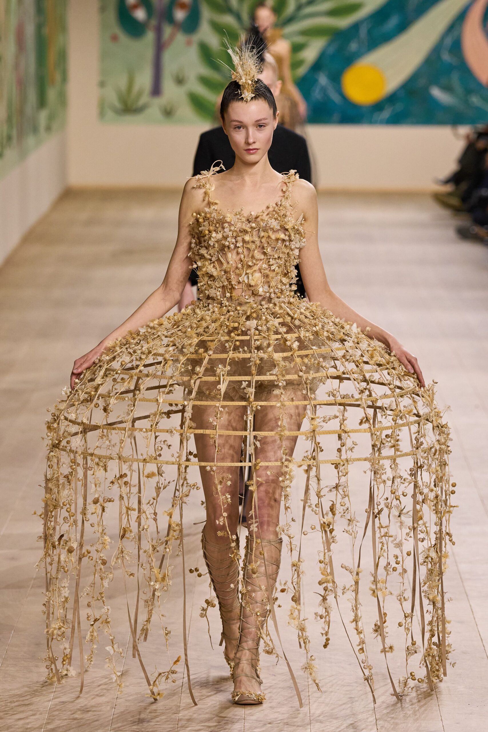gold silk sleeveless v-neck fitted embellished flared dress