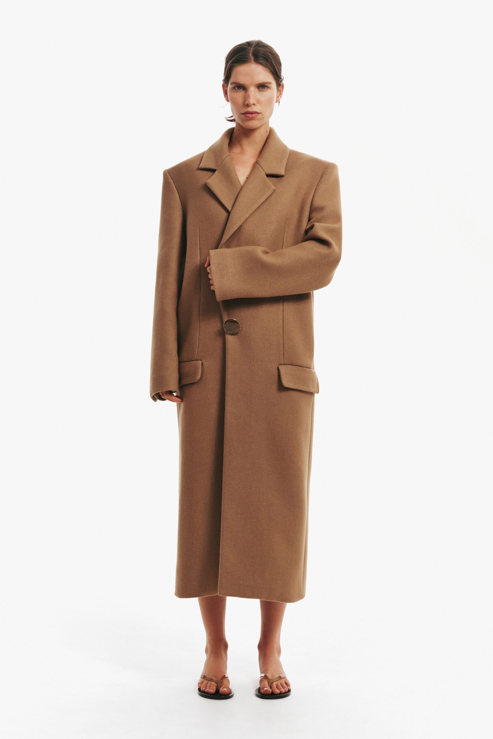 brown wool long-sleeve collared oversized buttoned midi coat