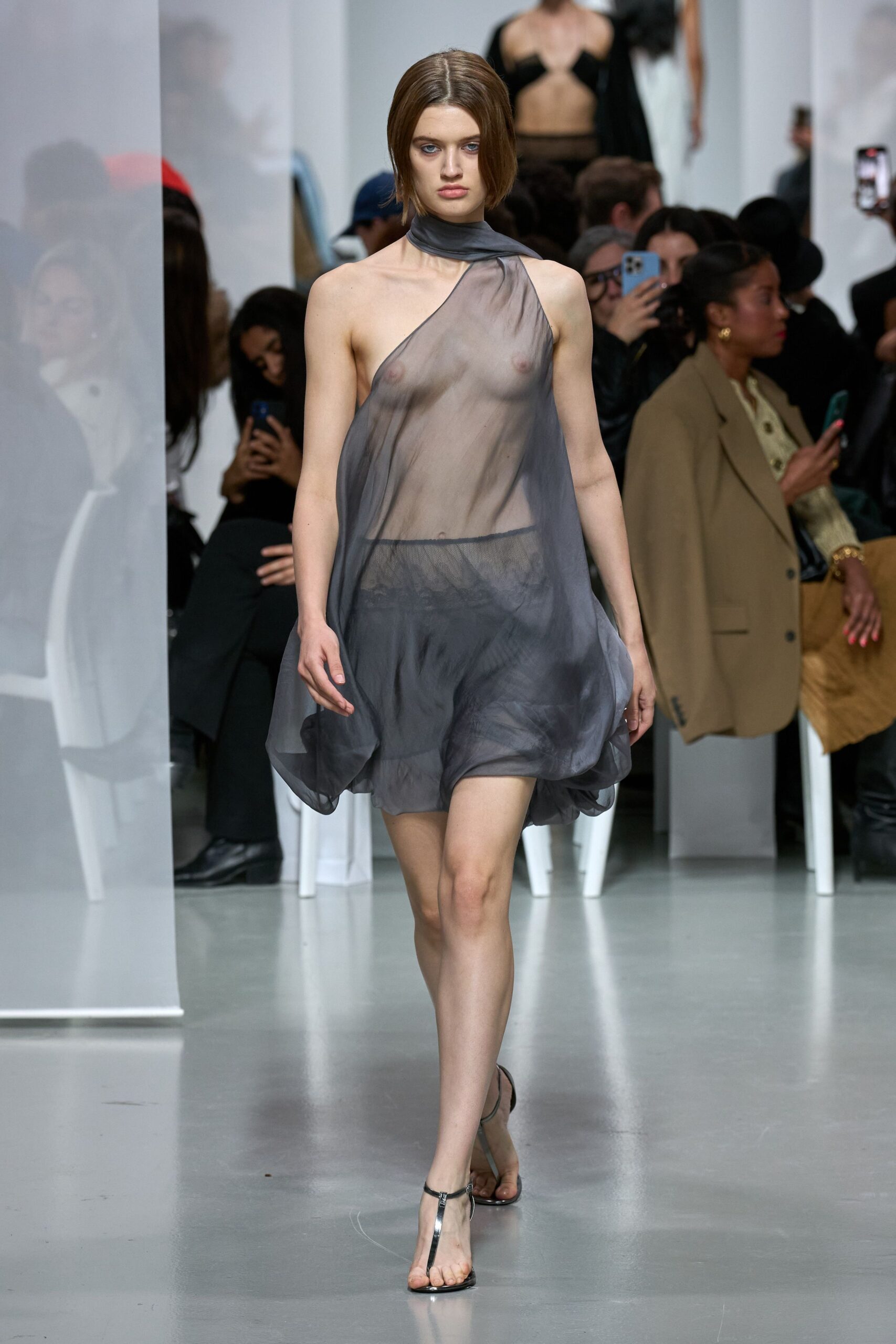 gray chiffon sleeveless high-neck fitted sheer flowing dress