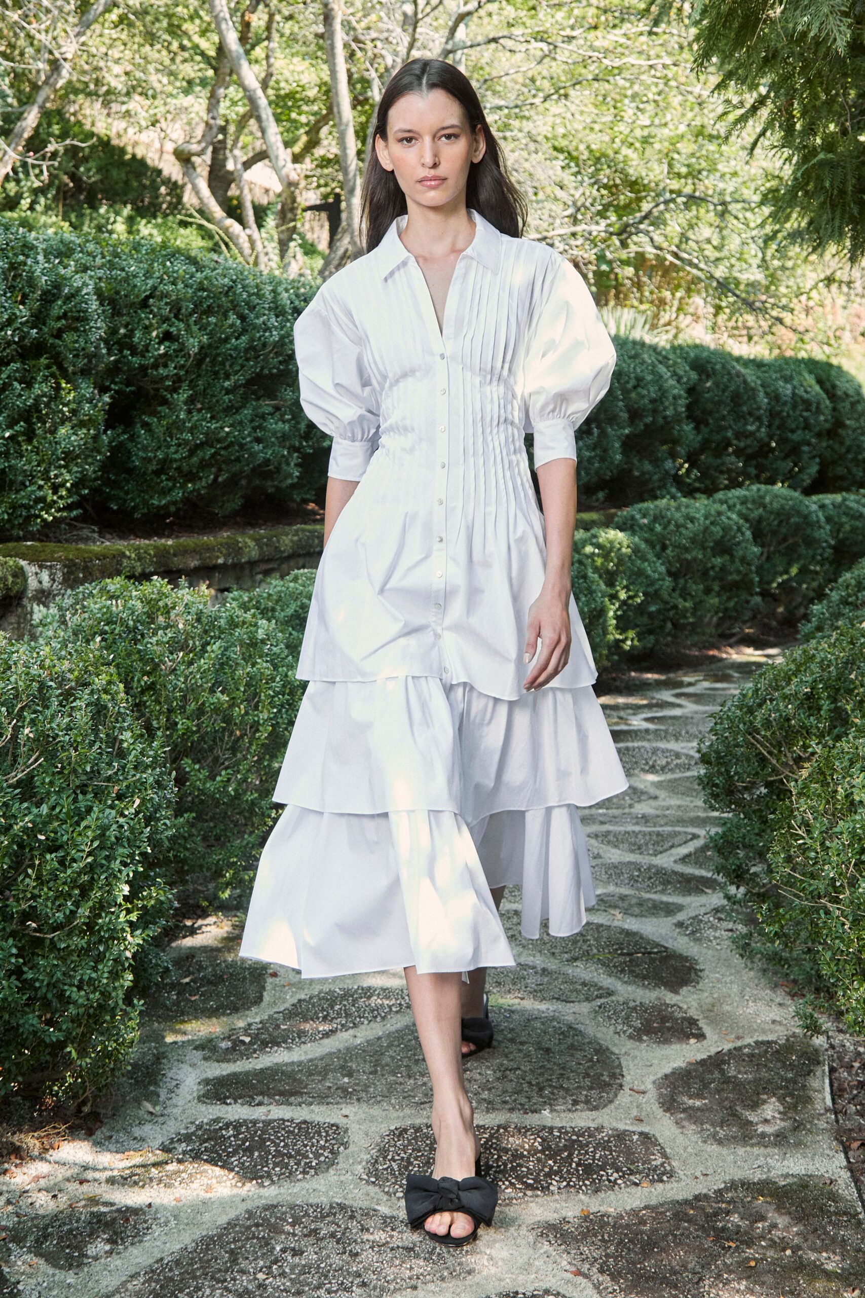 white cotton short-sleeve collared relaxed tiered buttoned dress