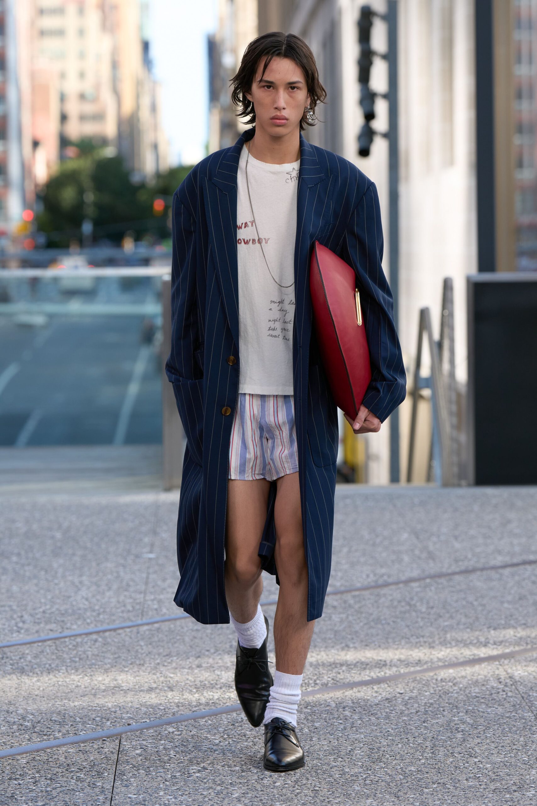blue striped coat with t-shirt