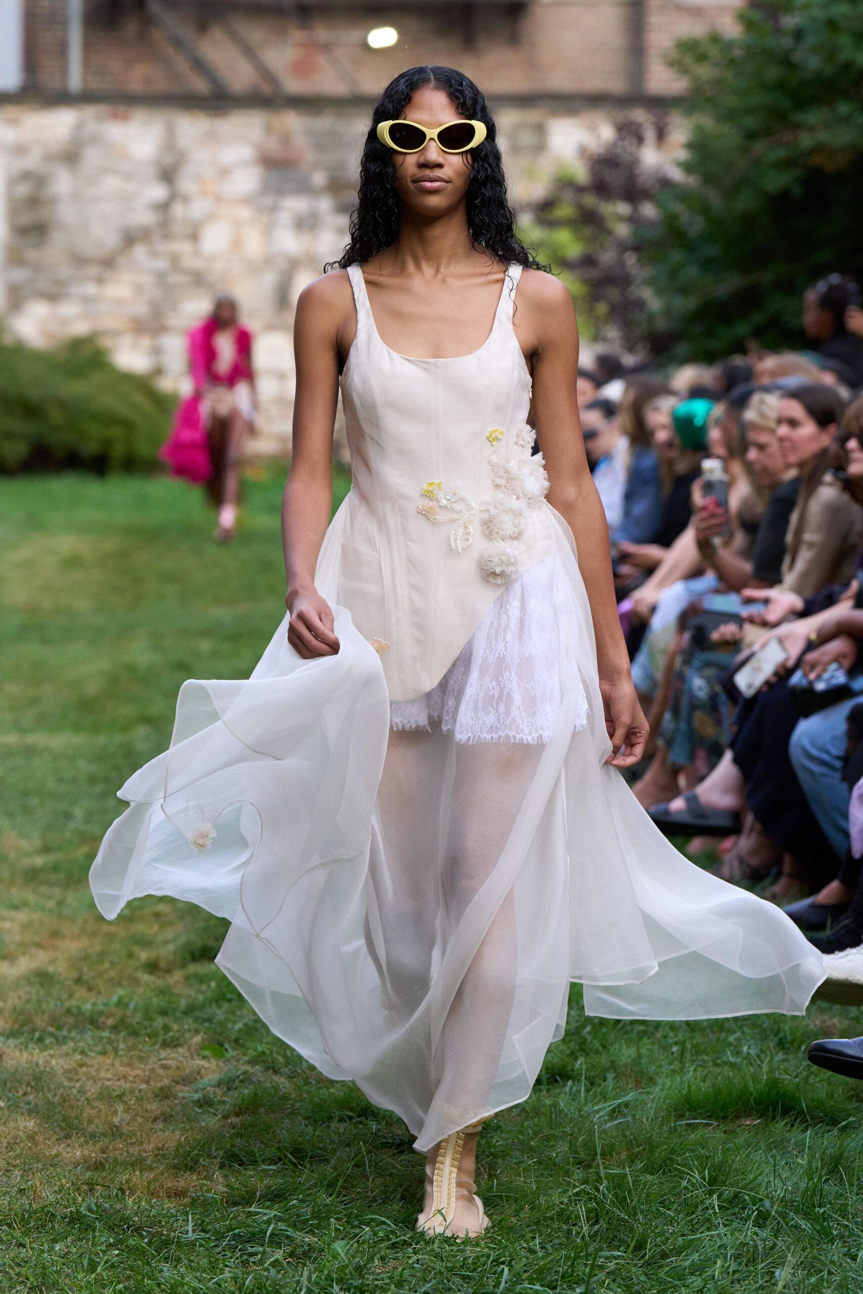 white floral draped midi dress