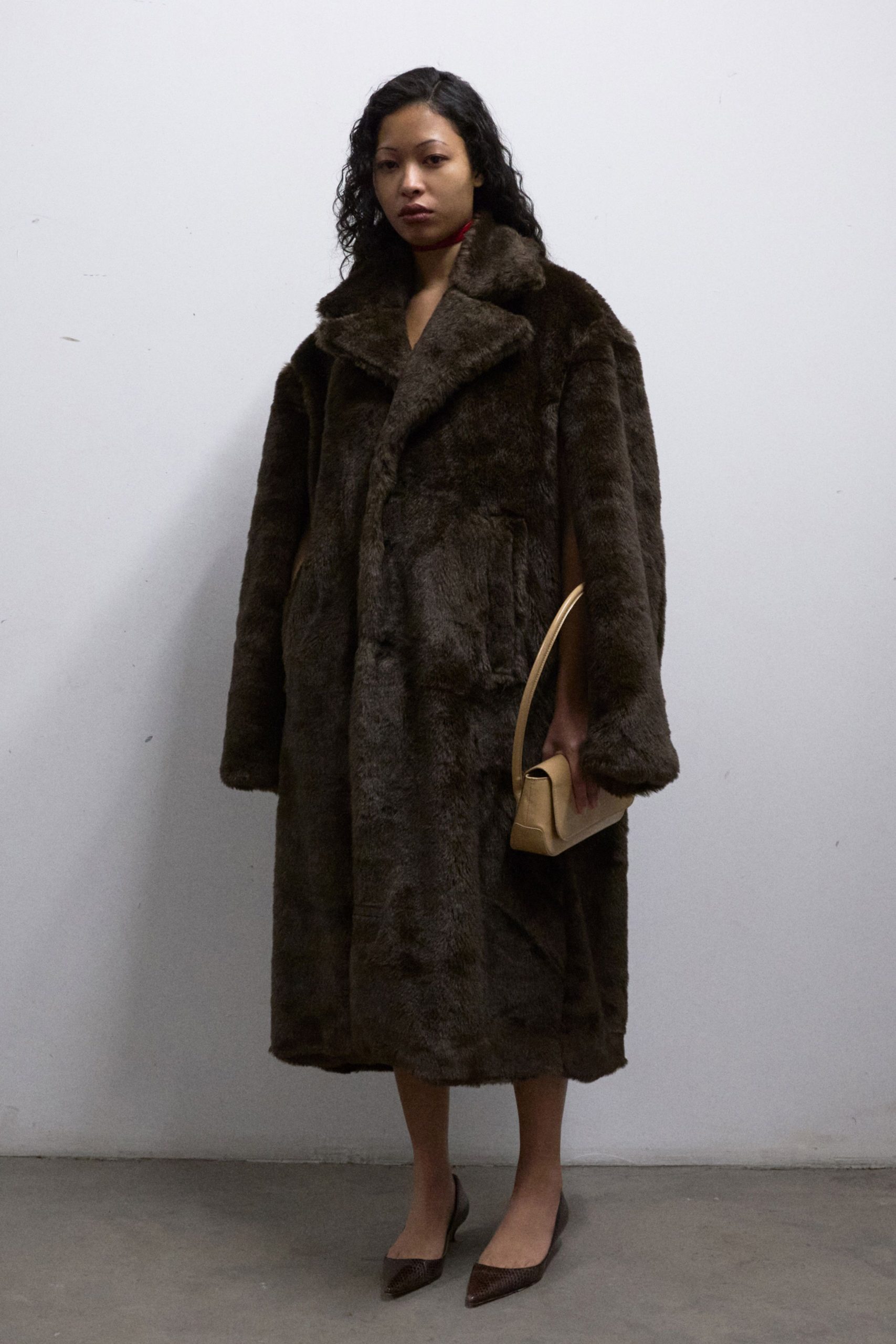 brown faux-fur oversized coat