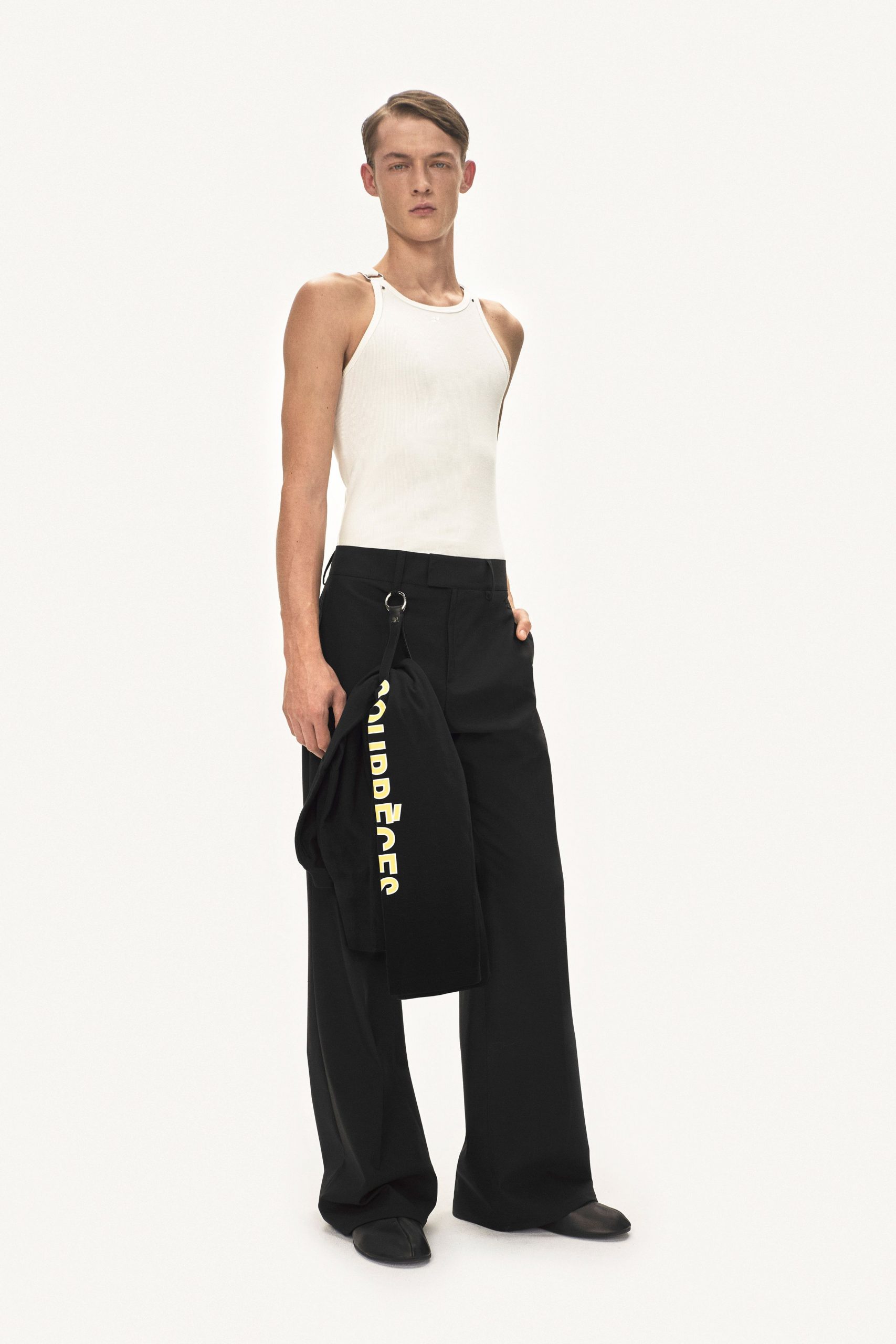 white tank-top black wide-leg pants