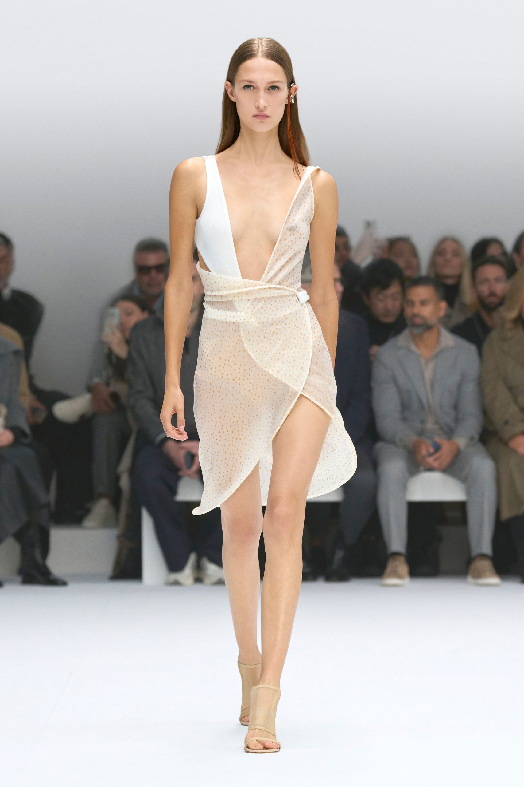 white silk sleeveless v-neck fitted draped dress