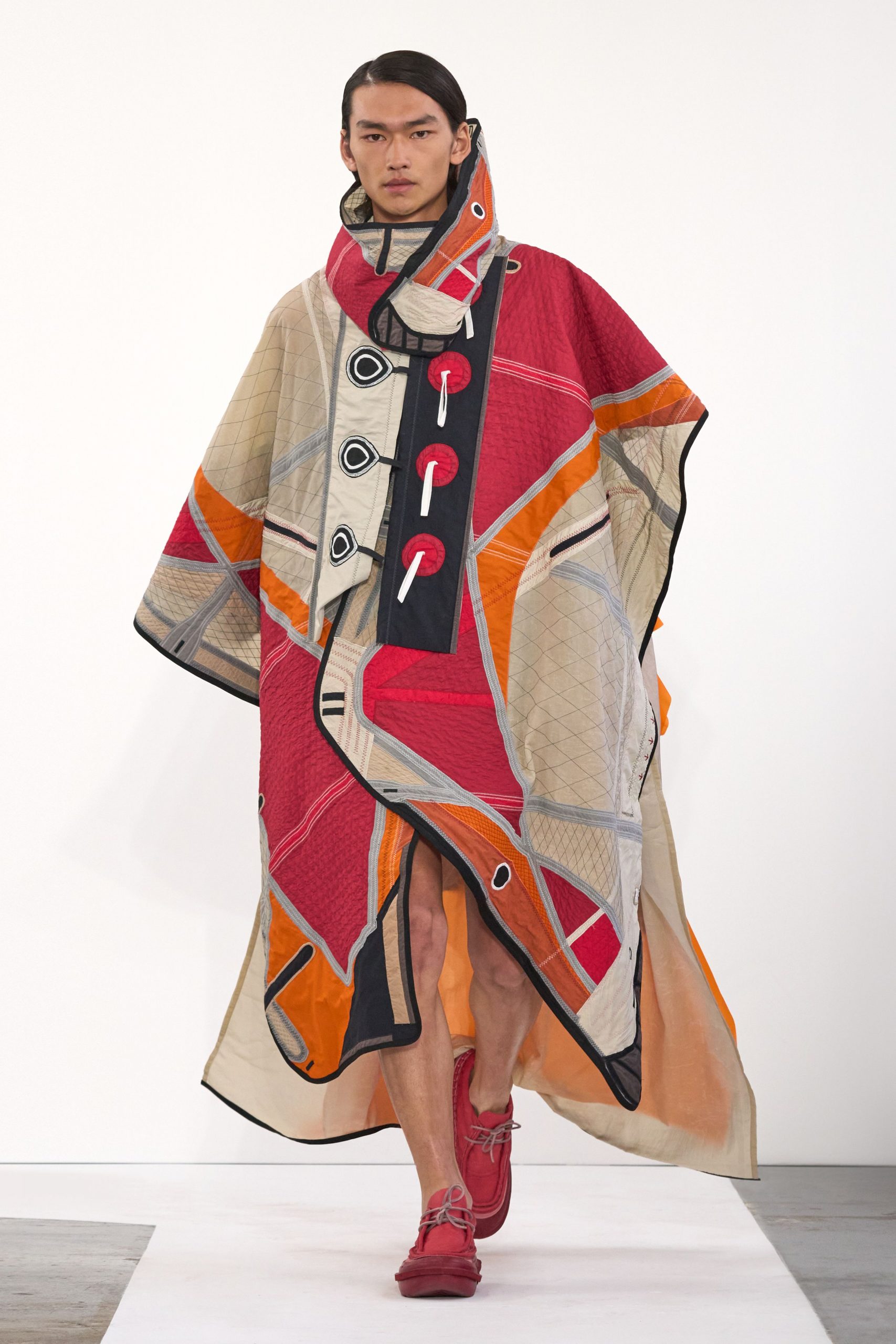 red cotton sleeveless relaxed color-blocked quilted maxi poncho