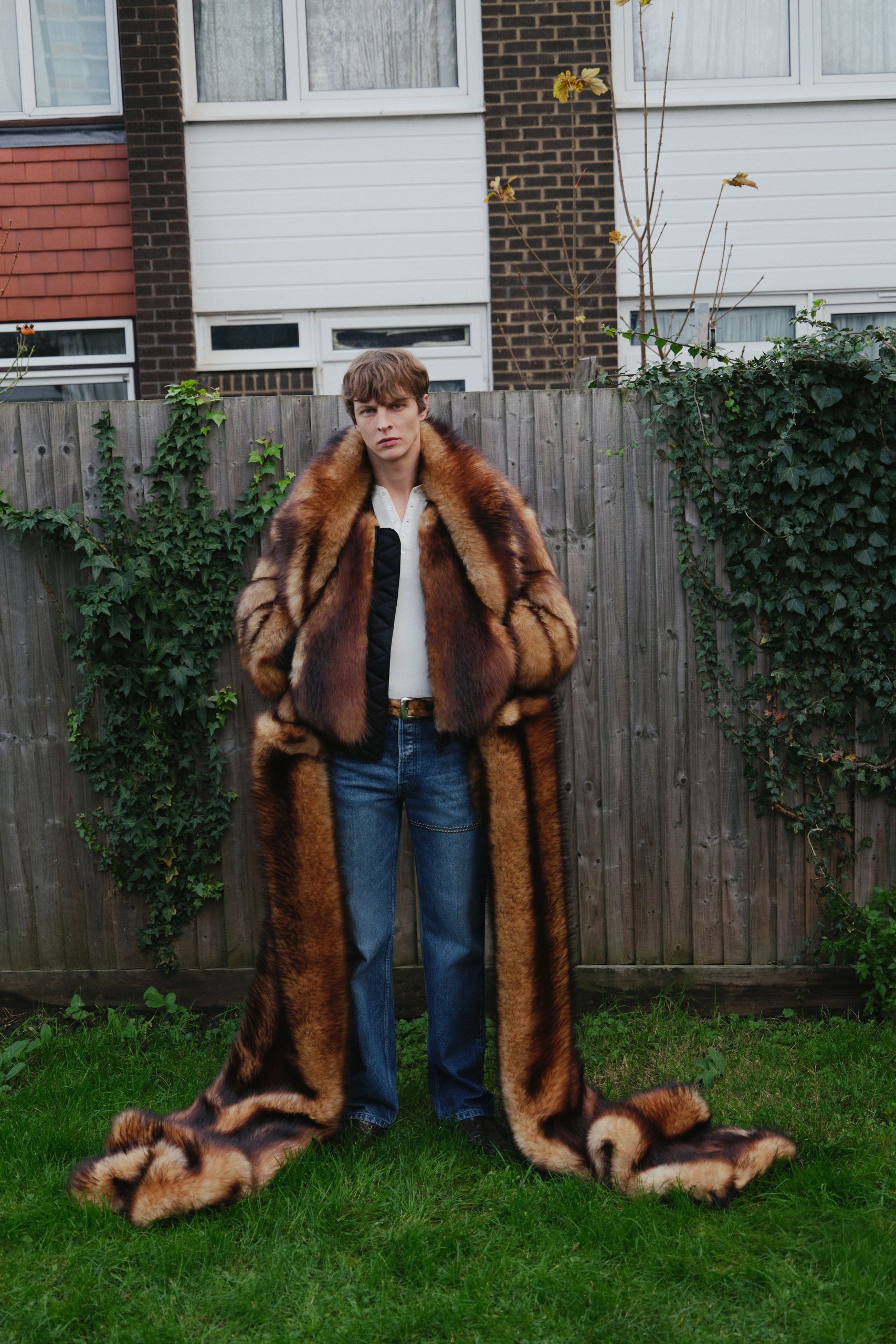brown fur coat with jeans