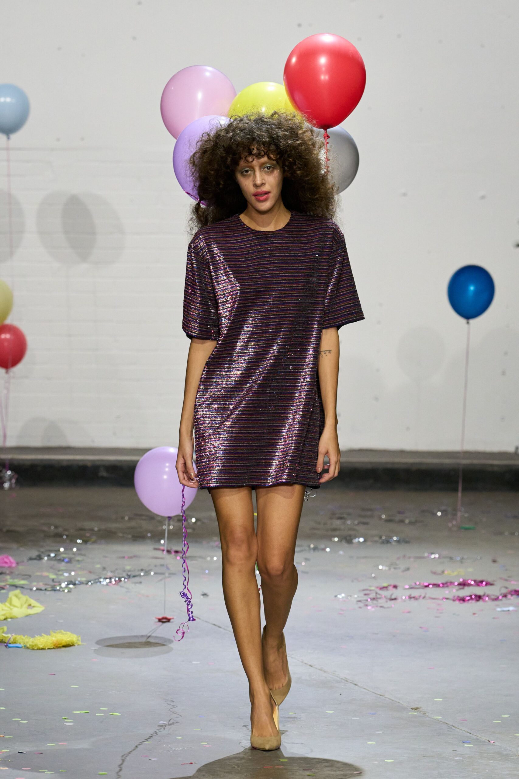 purple sequin short-sleeve collared relaxed striped shiny dress