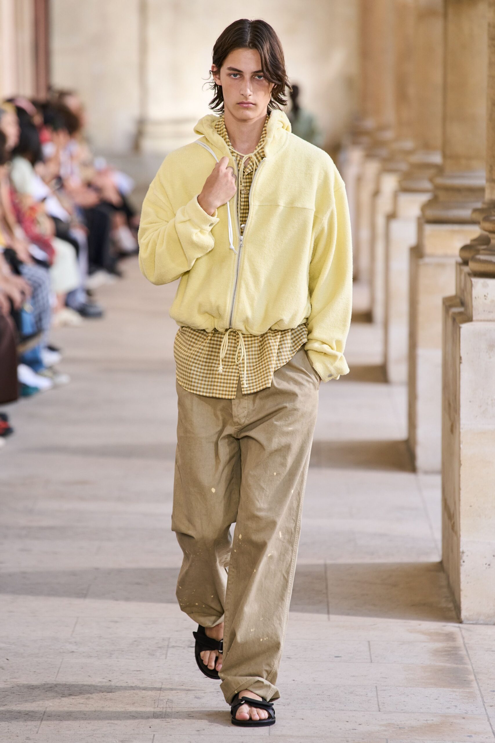 yellow cotton long-sleeve hooded oversized zippered textured hoodie