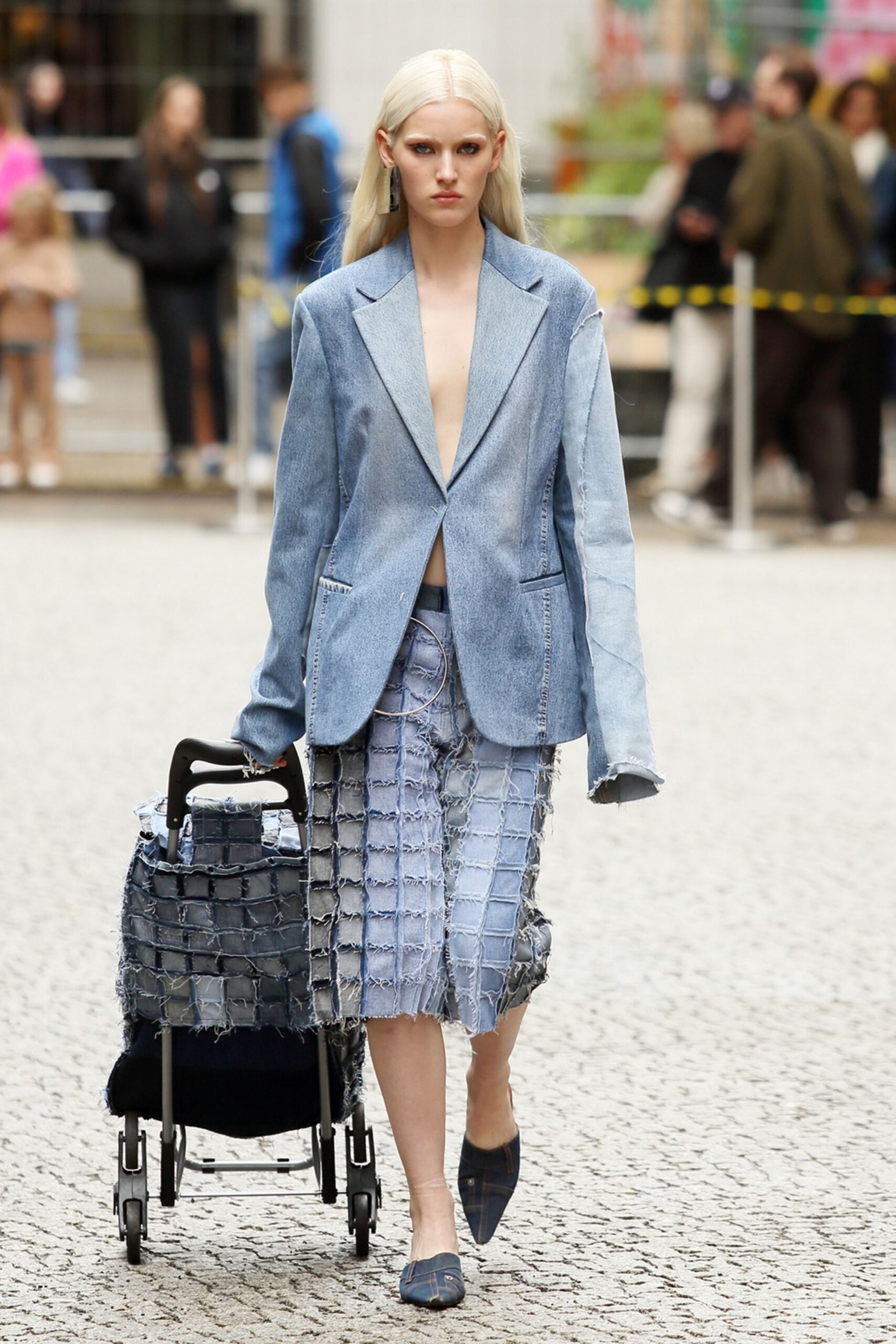 blue denim long-sleeve collared tailored buttoned blazer