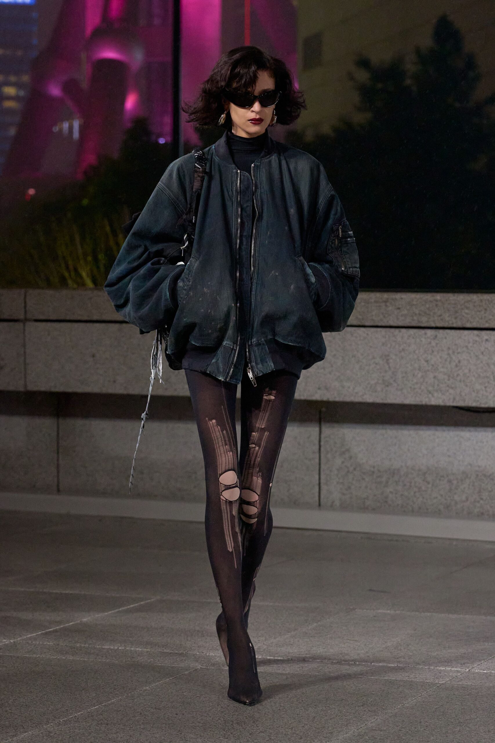 black denim long-sleeve oversized distressed jacket