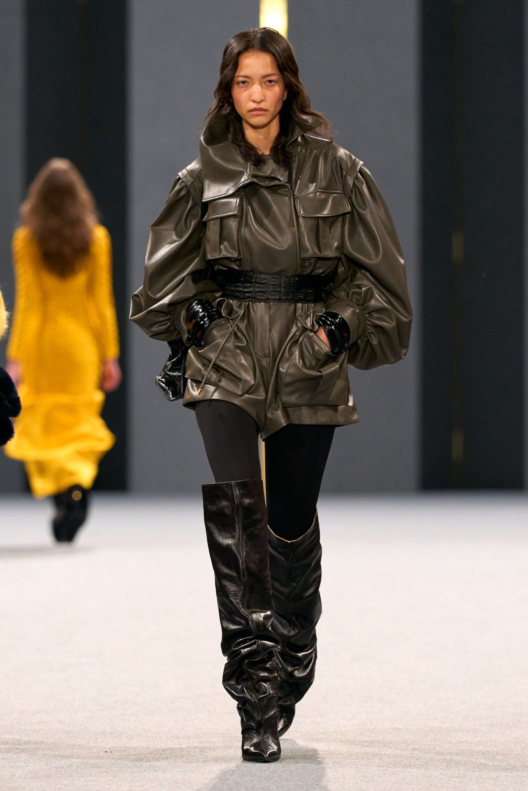 green leather long-sleeve collared oversized zippered pockets jacket