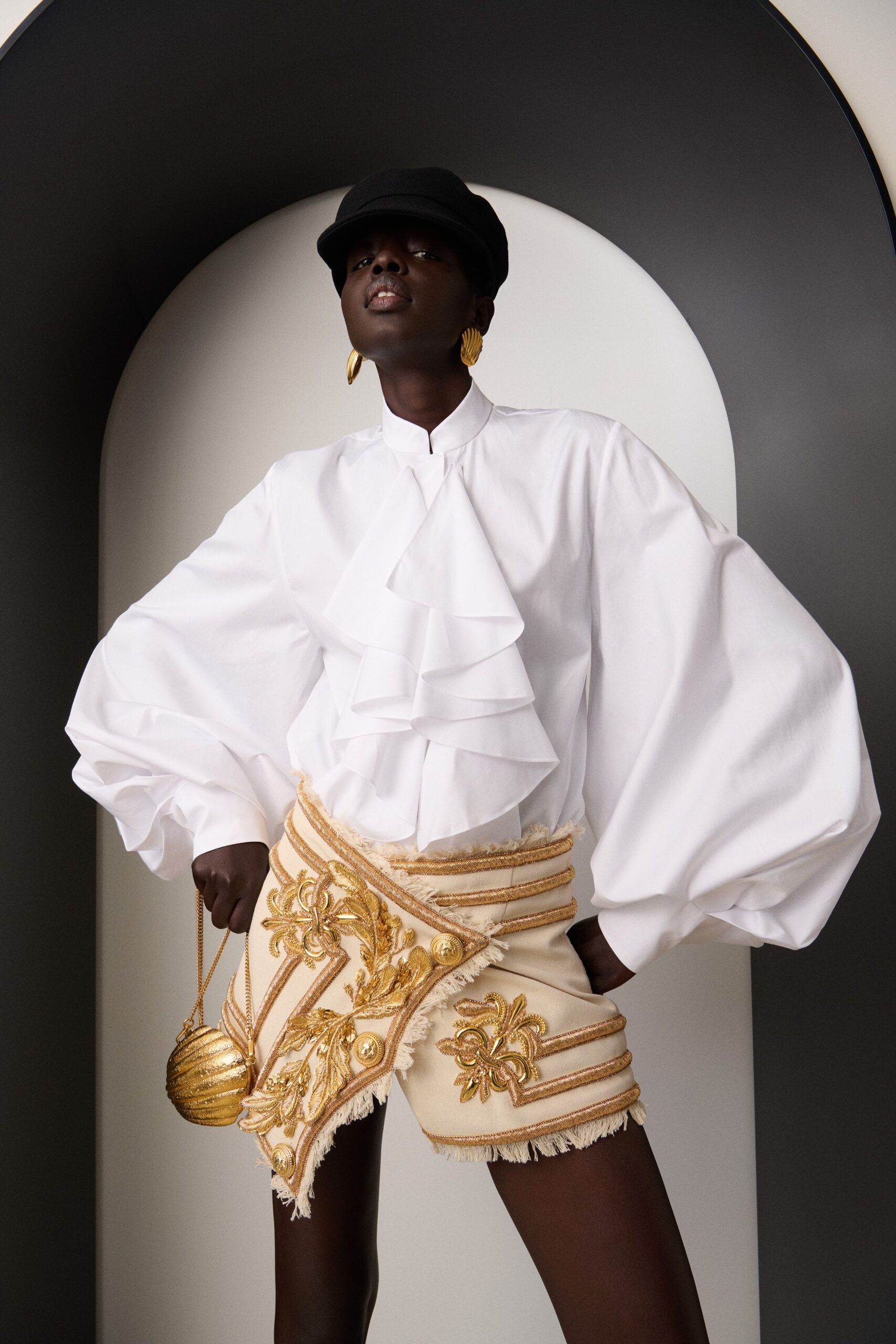 white cotton long-sleeve collared relaxed ruffled shirt