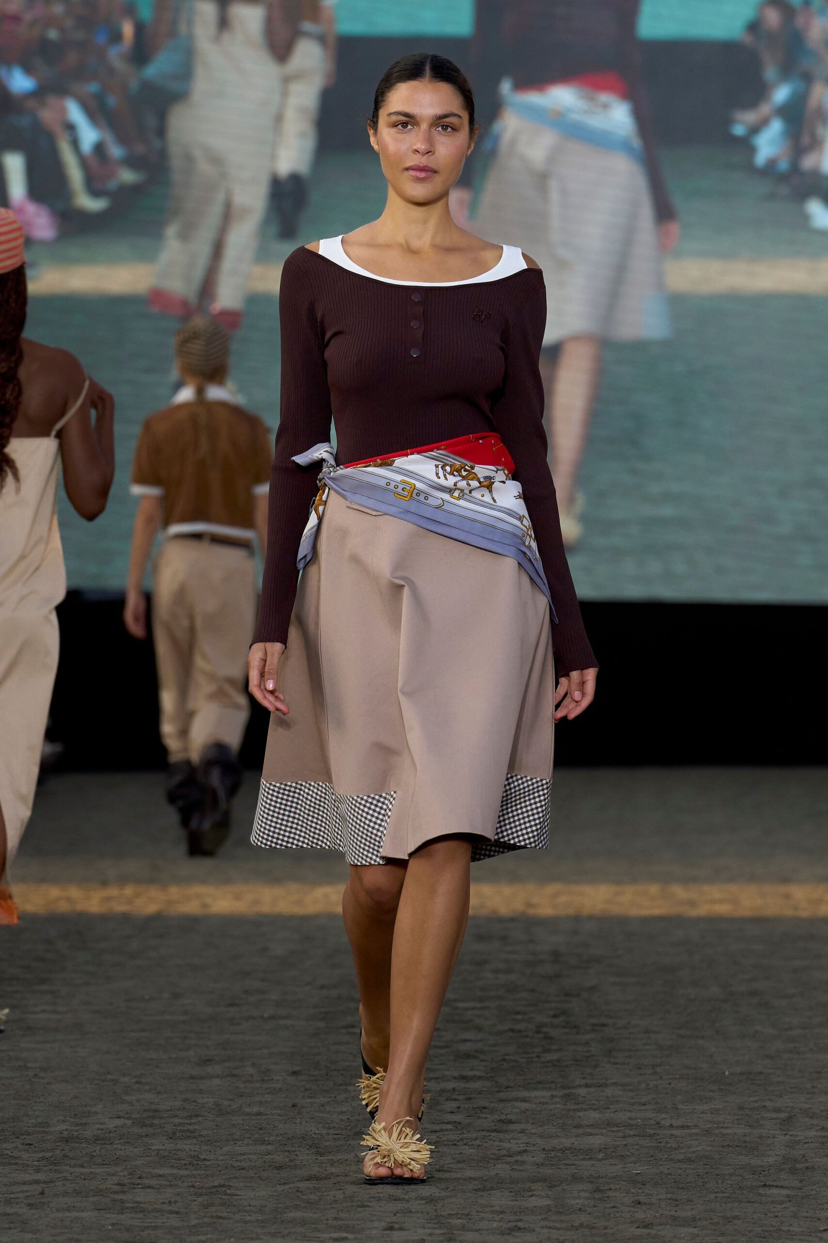 beige cotton structured printed patchwork midi skirt