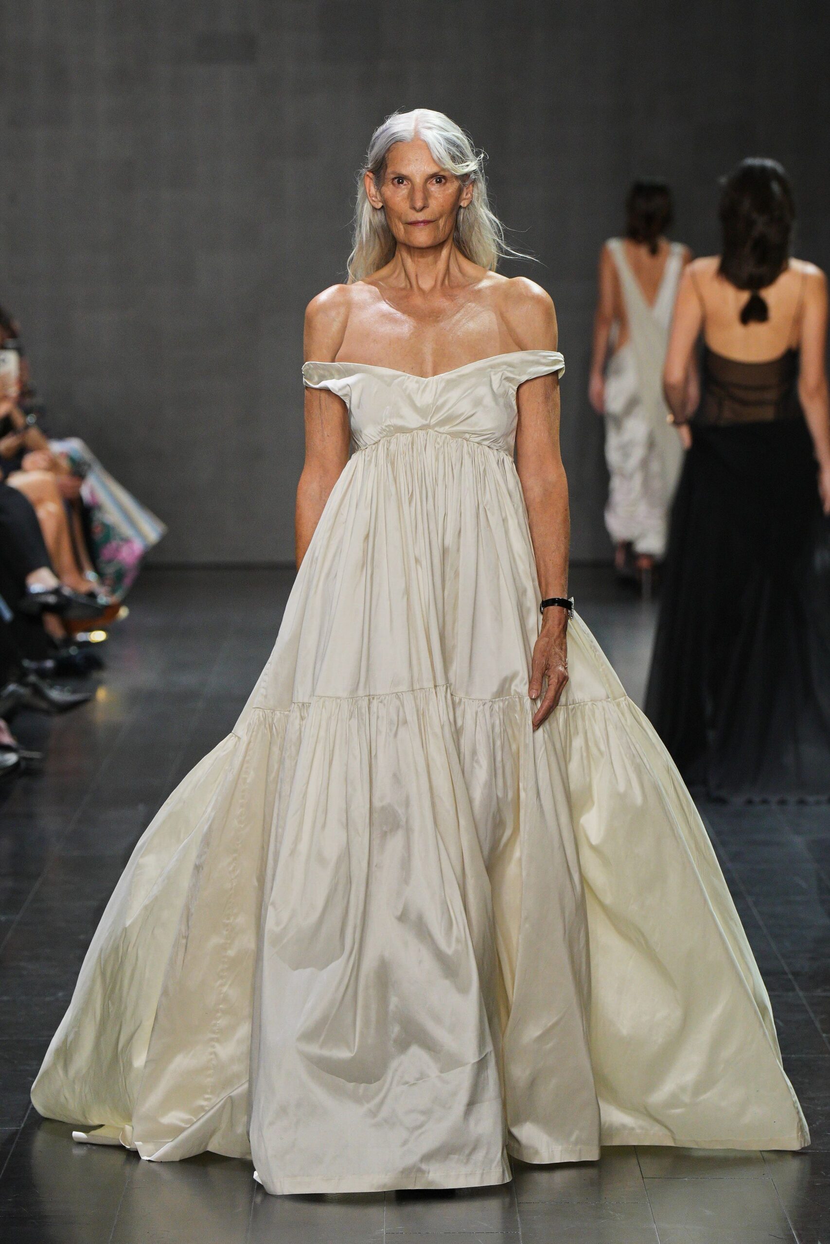 white silk off-shoulder strapless structured ruched layered gown