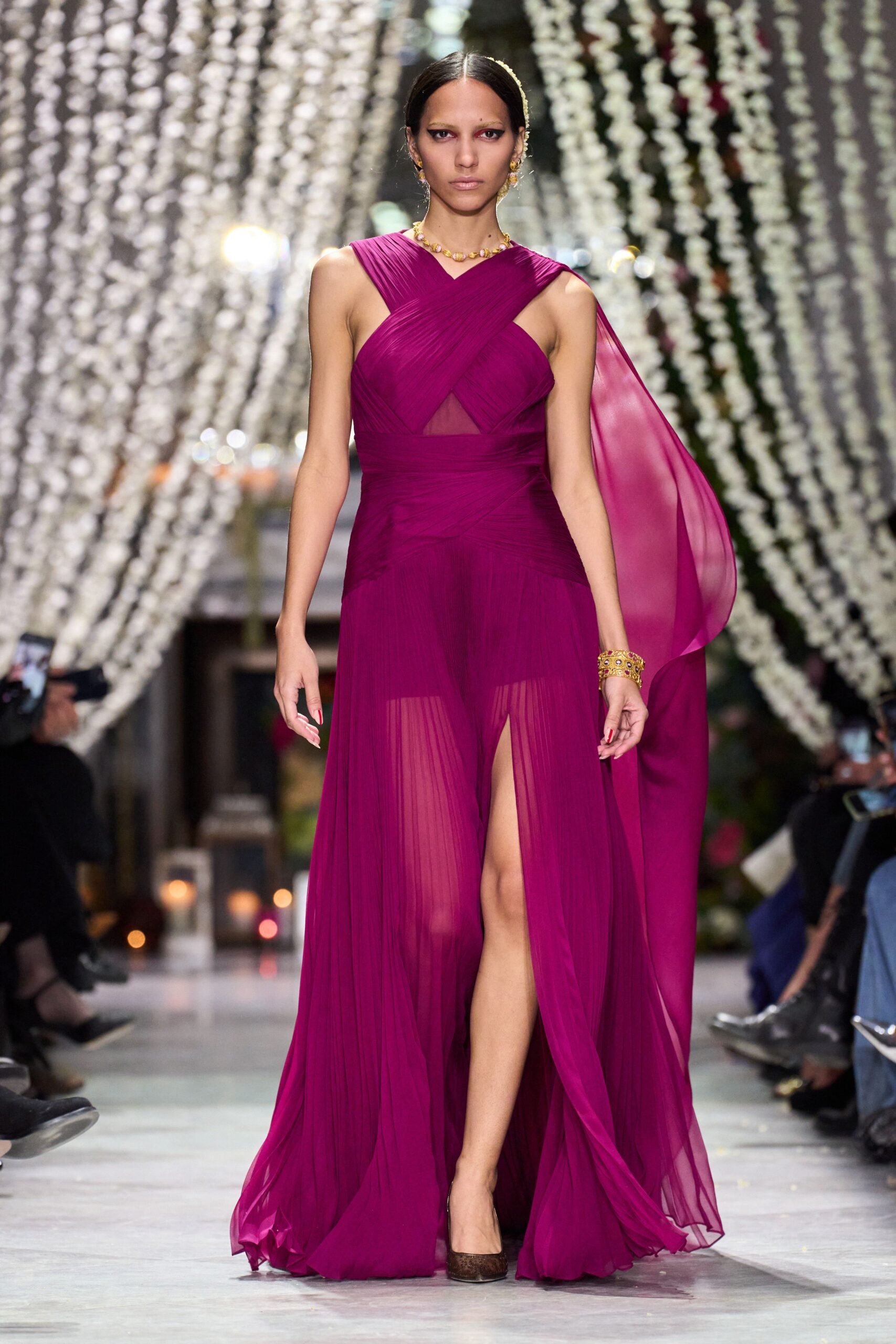 purple silk sleeveless v-neck fitted draped flowing gown