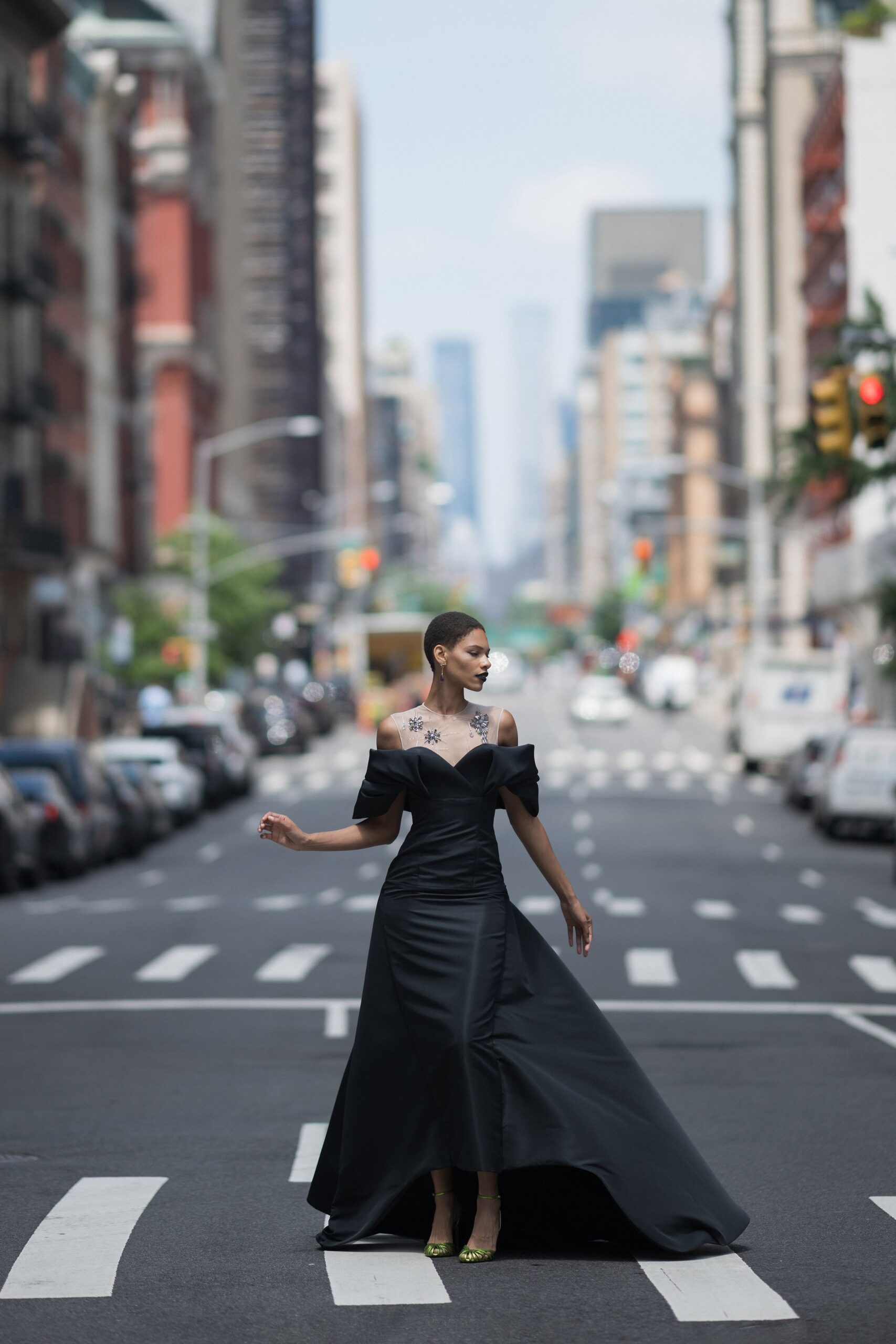 black silk off-shoulder v-neck fitted flared maxi gown