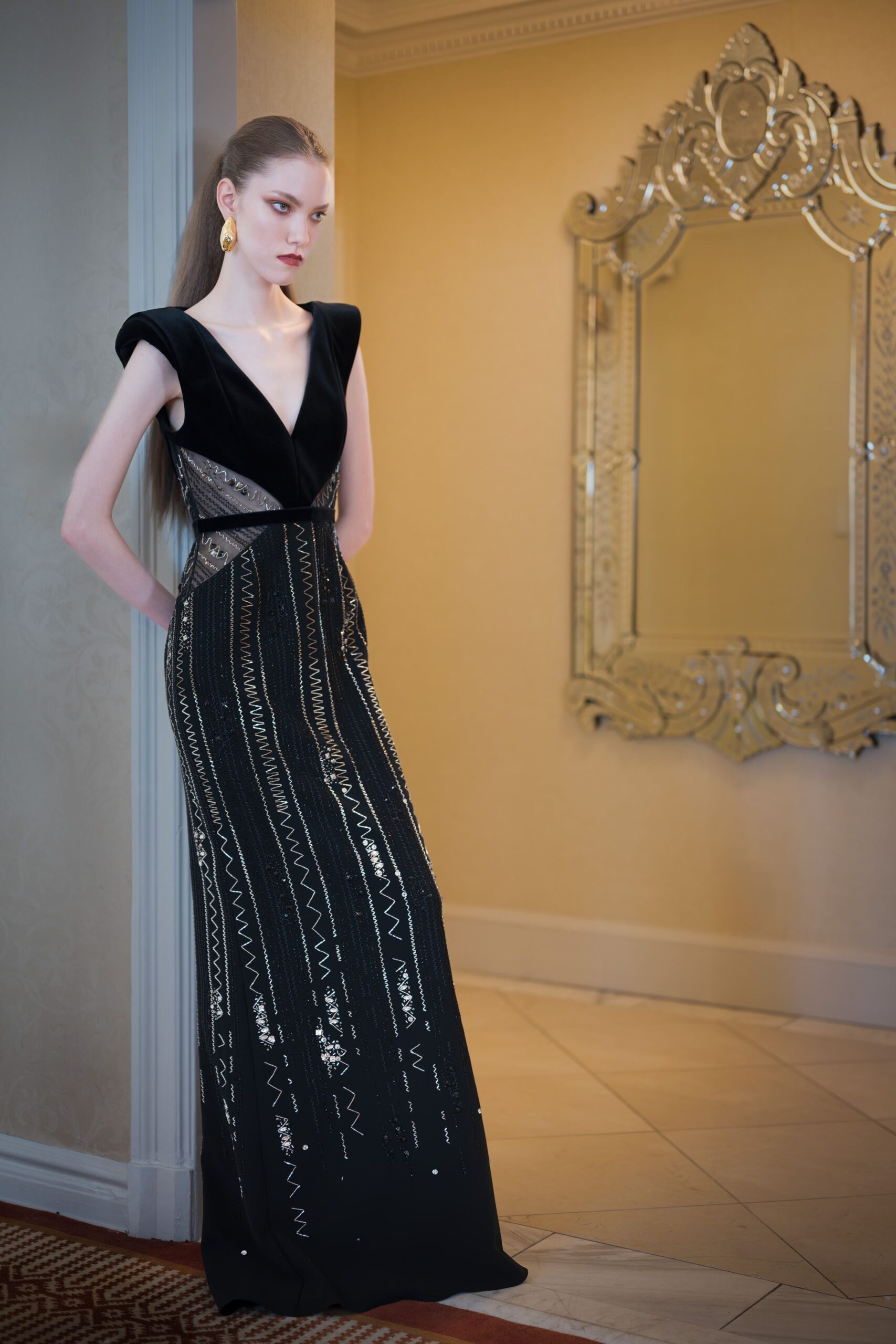 black embellished evening gown