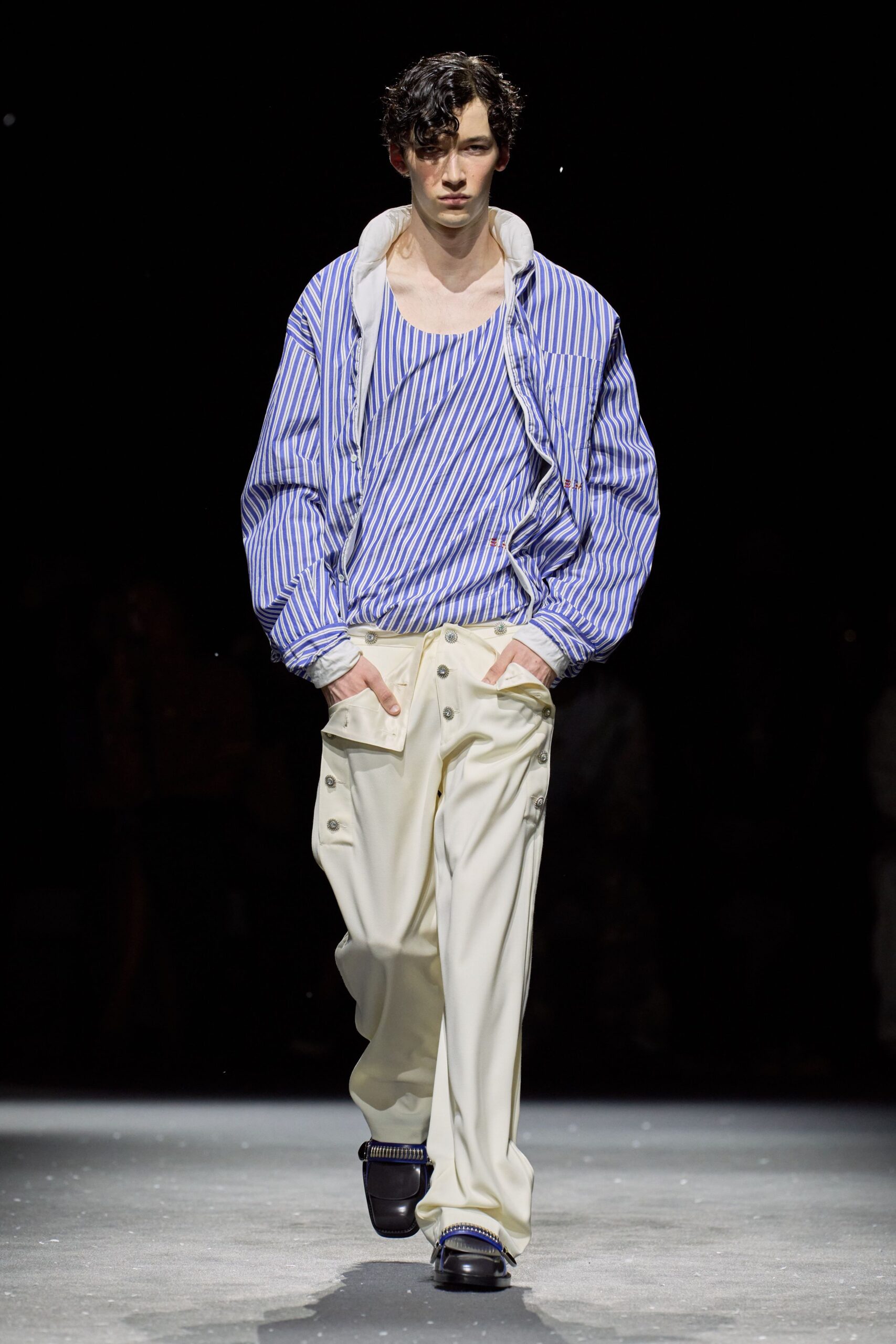blue and white striped hoodie with relaxed pants