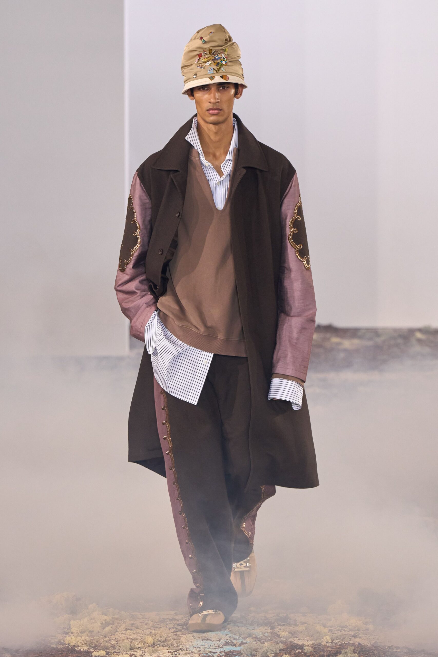 brown wool collared long-sleeve oversized embellished buttoned coat
