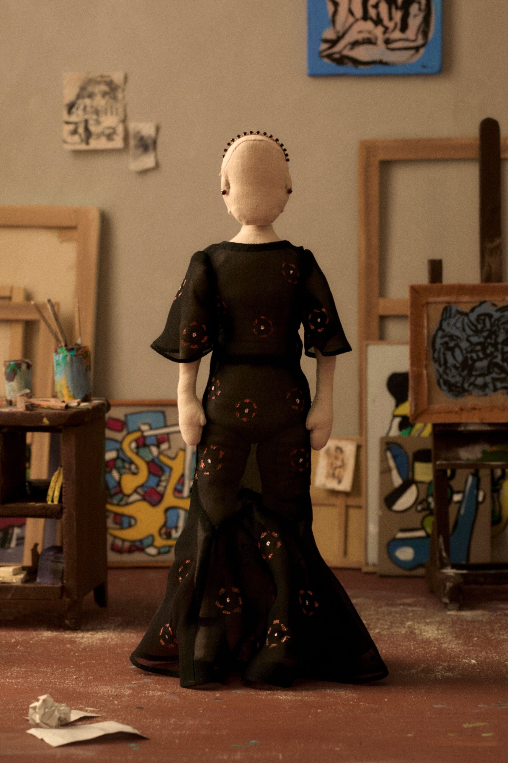 black silk embroidered gown