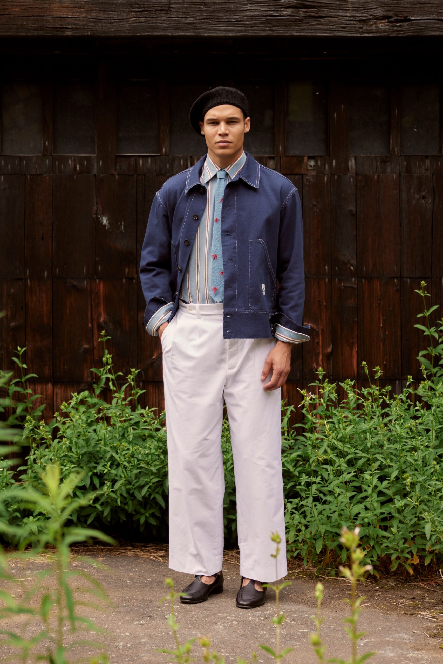 blue cotton jacket with white shirt