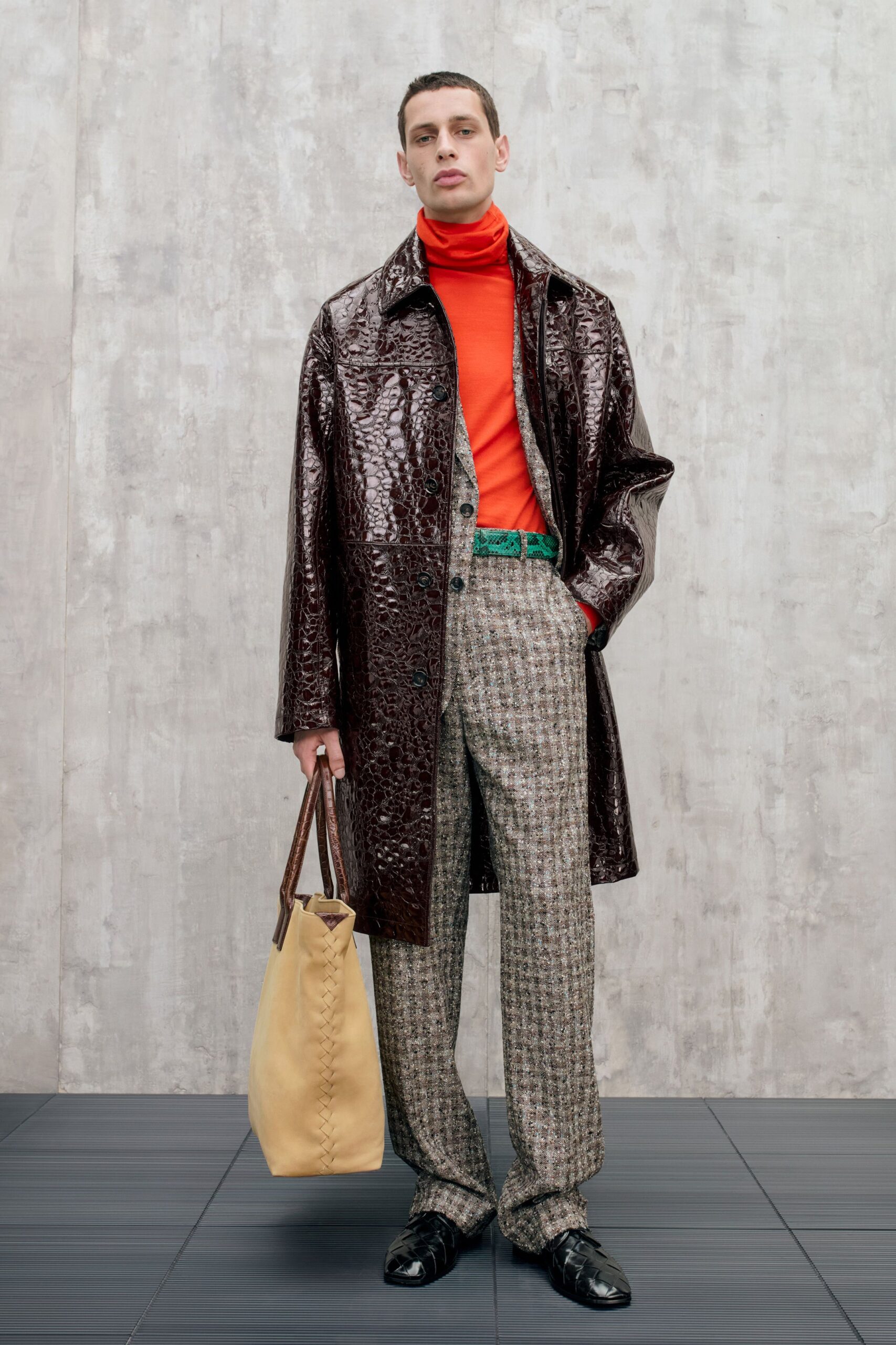 brown vinyl long-sleeve collared relaxed textured shiny coat