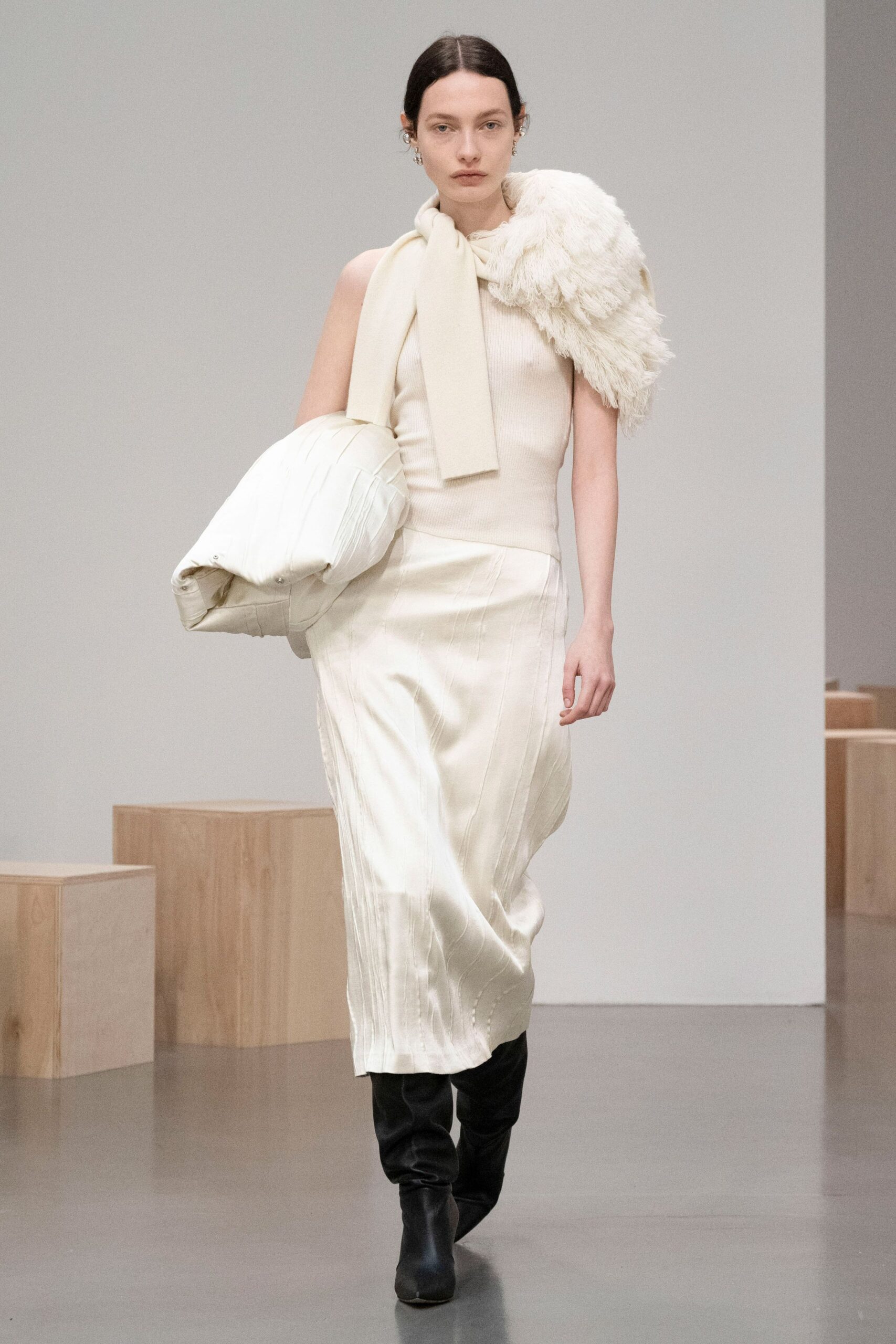 white pleated midi dress with coat