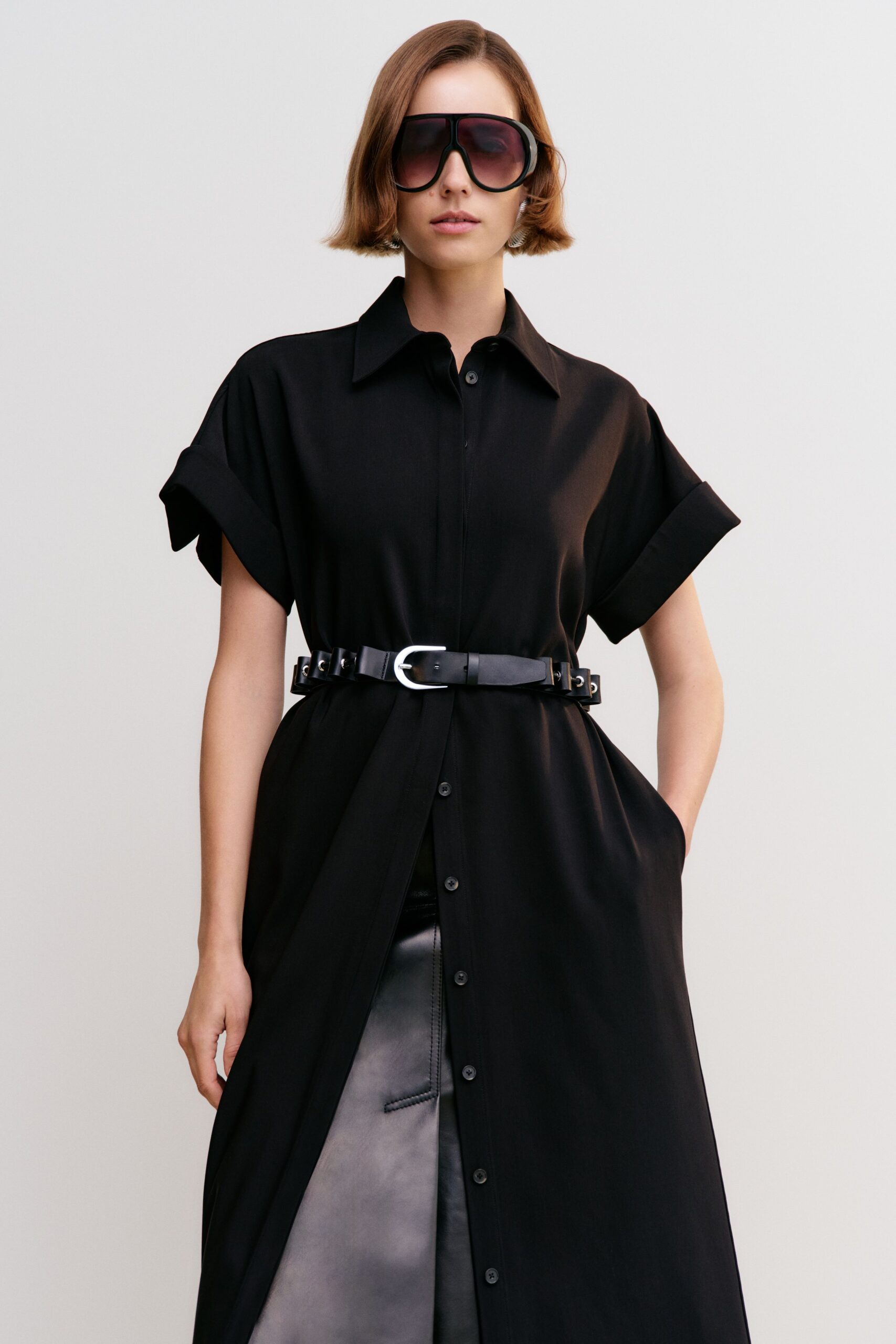 black silk short-sleeve collared relaxed buttoned layered dress