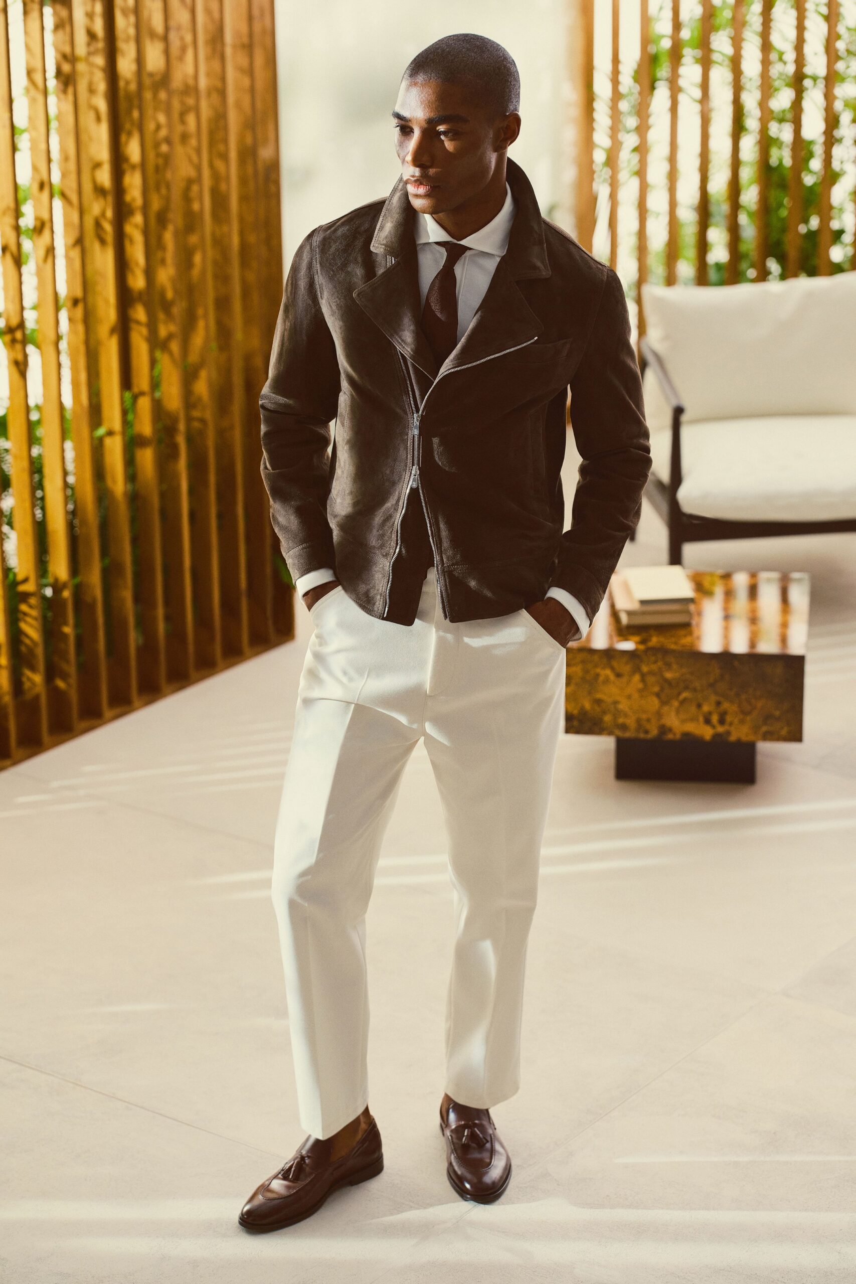 brown suede long-sleeve collared fitted zippered jacket